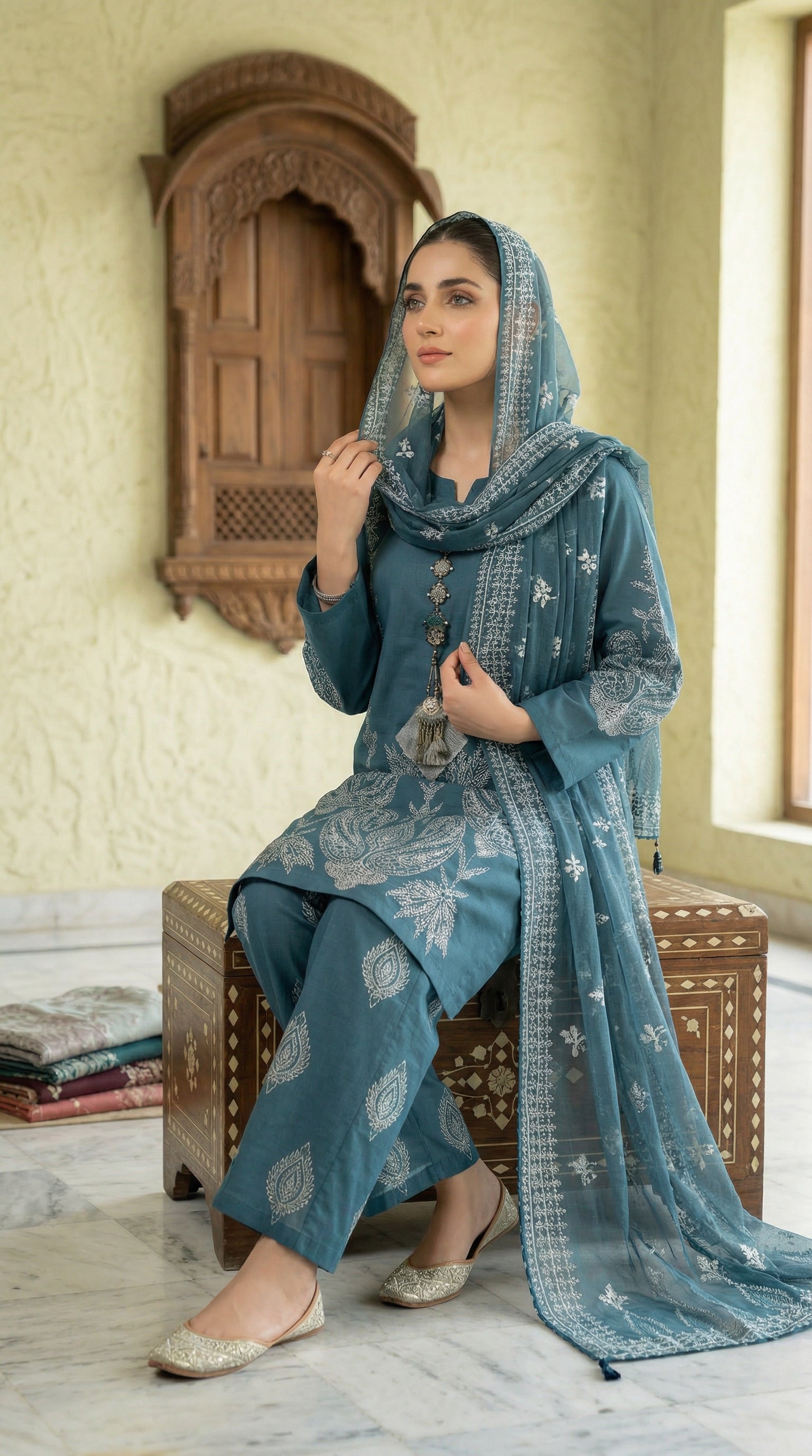 Petrol Blue Elegance – Embroidered 3-Piece Lawn Suit