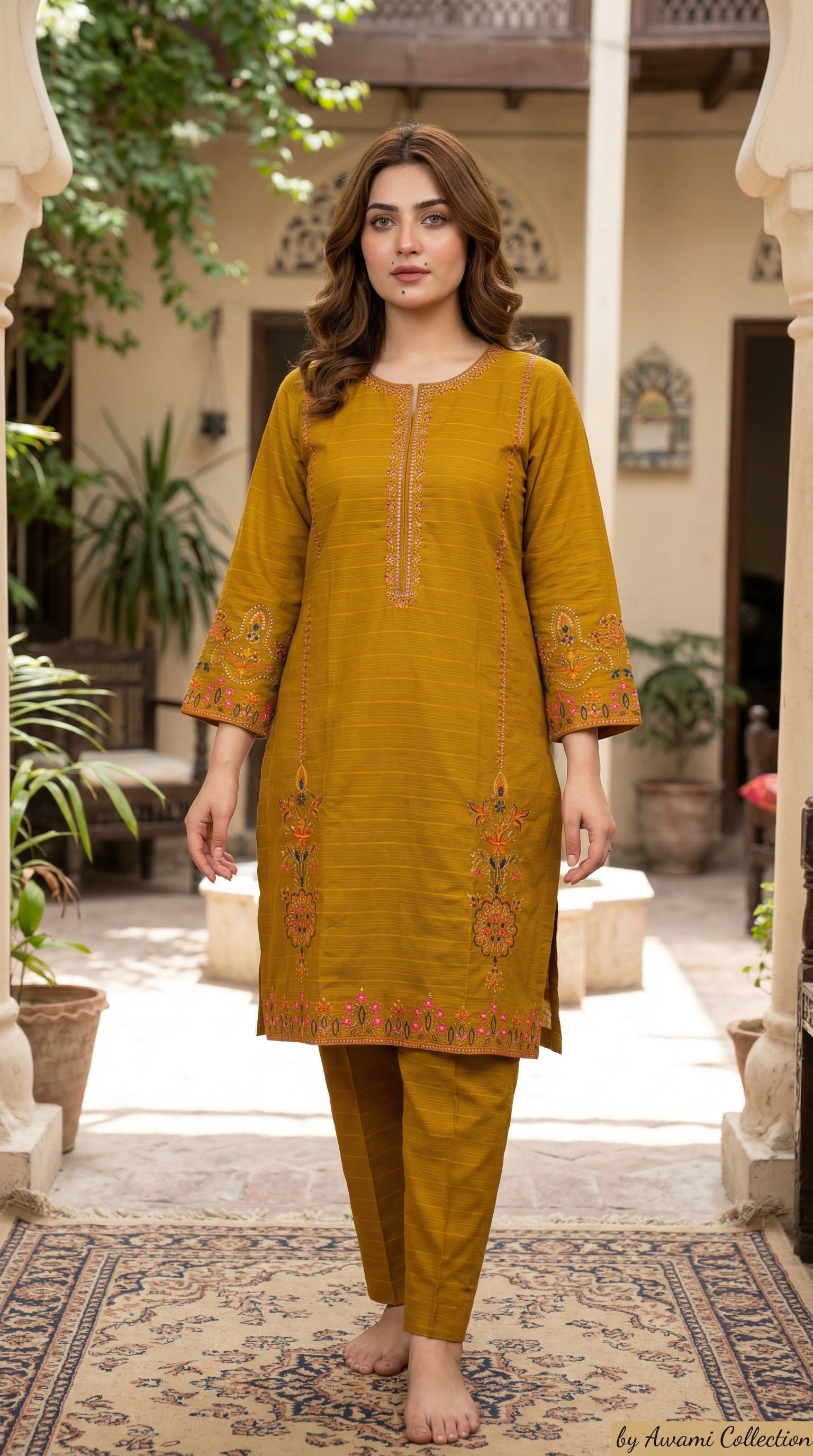 Mustard Yellow Embroidered Lawn Shalwar Kameez 3 Piece