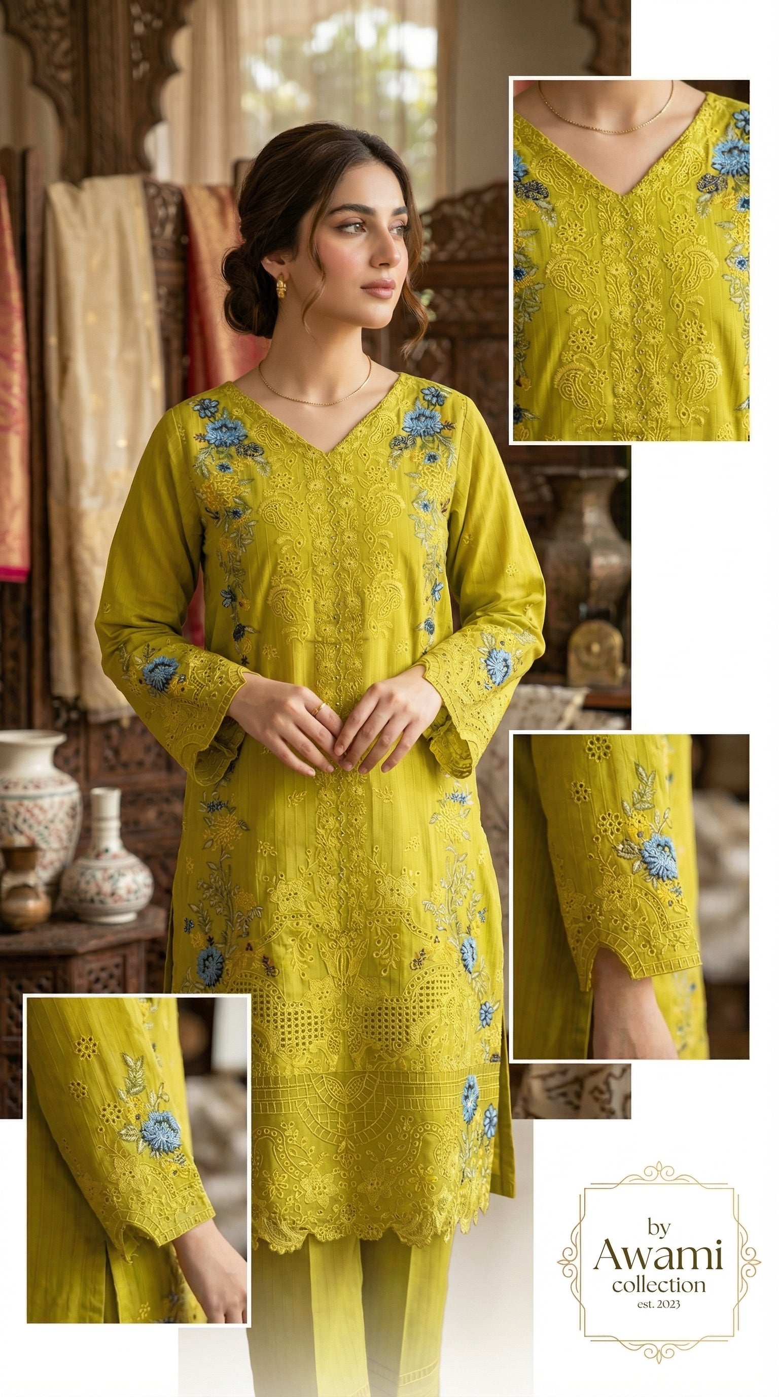Lime Zest Embroidered Laser-Cut Ensemble