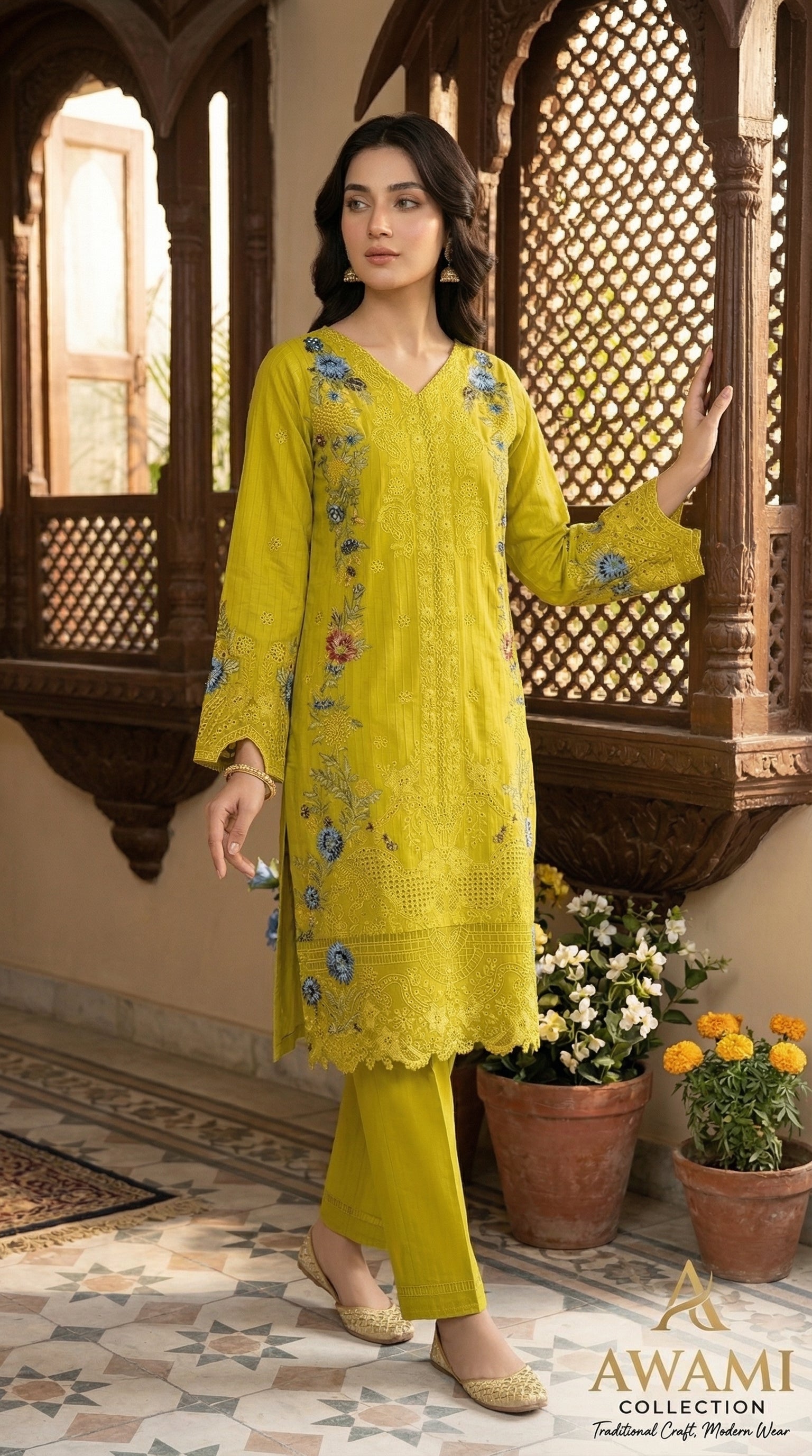 Lime Zest Embroidered Laser-Cut Ensemble - Seafoam Green
