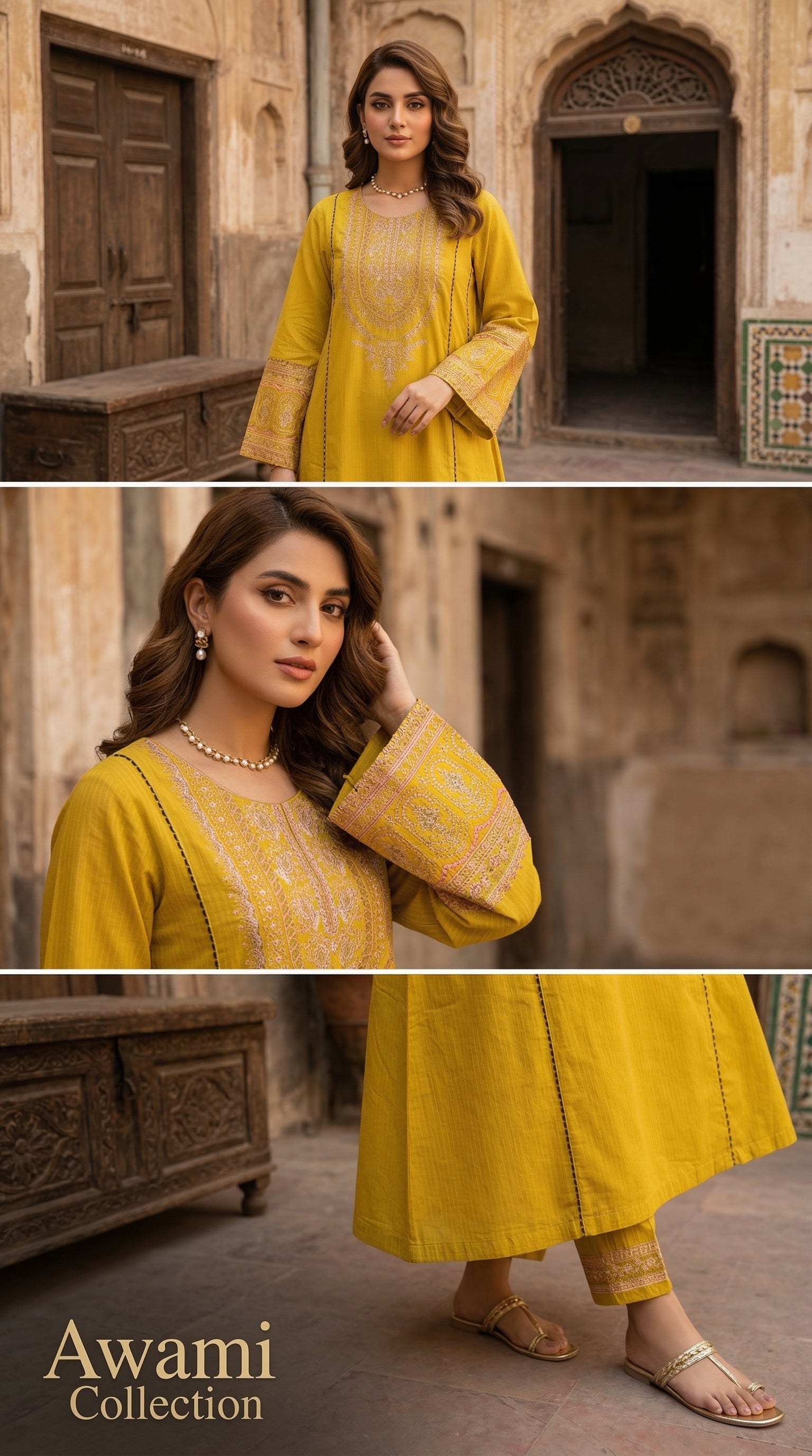 2 piece Mustard Yellow Embroidered Cotton Frock