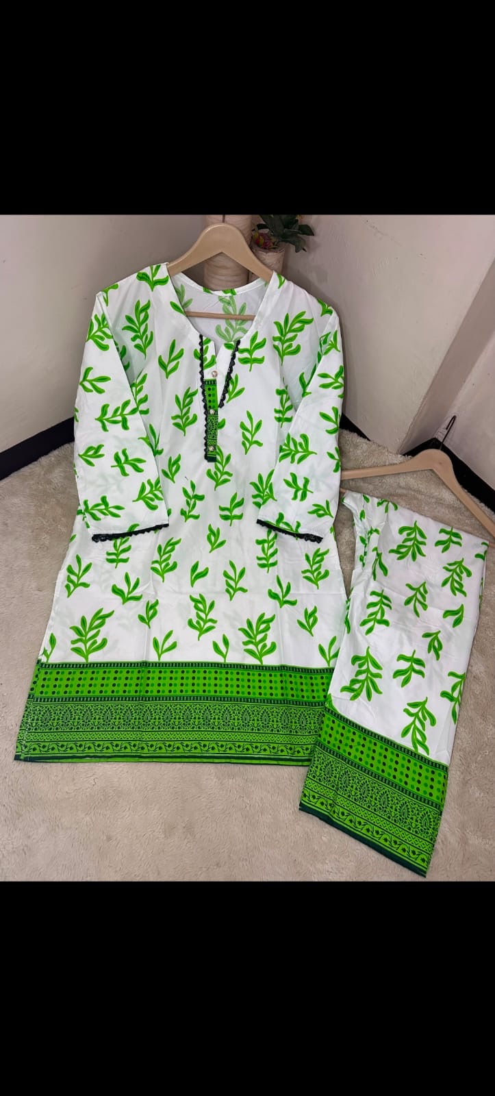Emerald Leaf Printed 2-Piece Lawn Suit – White & Green Kurta with Matching Trousers
