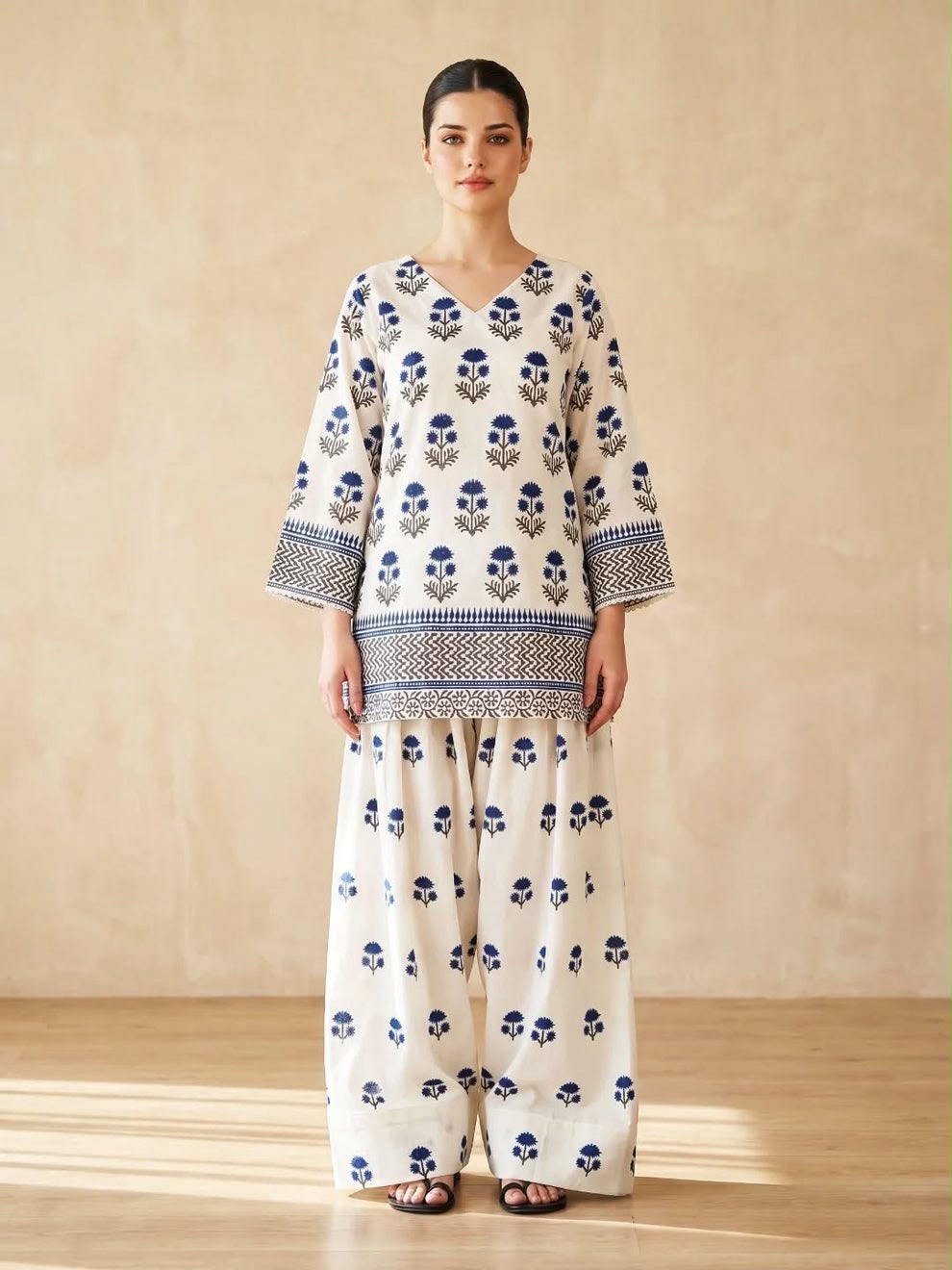 Azure Bloom Printed 2-Piece doria Lawn cord–set White & Blue Kurta with Matching farshi Trousers