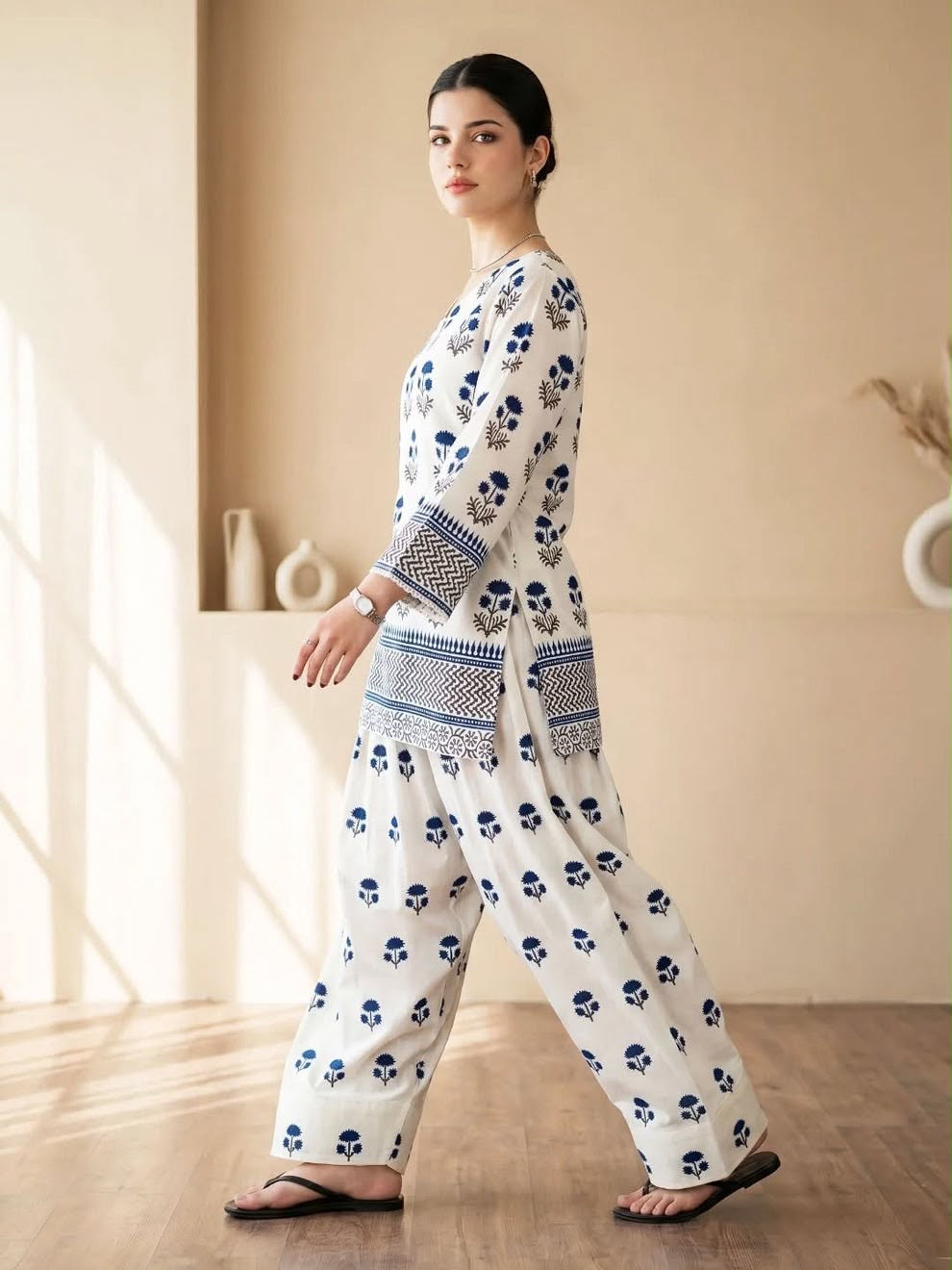 Azure Bloom Printed 2-Piece doria Lawn cord–set White & Blue Kurta with Matching farshi Trousers