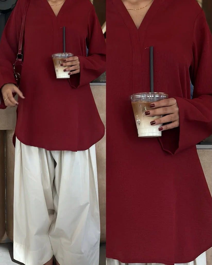 Maroon Minimalist 2-Piece Co-Ord Set – Relaxed Fit Tunic with Wide-Leg Trousers cotton fabric