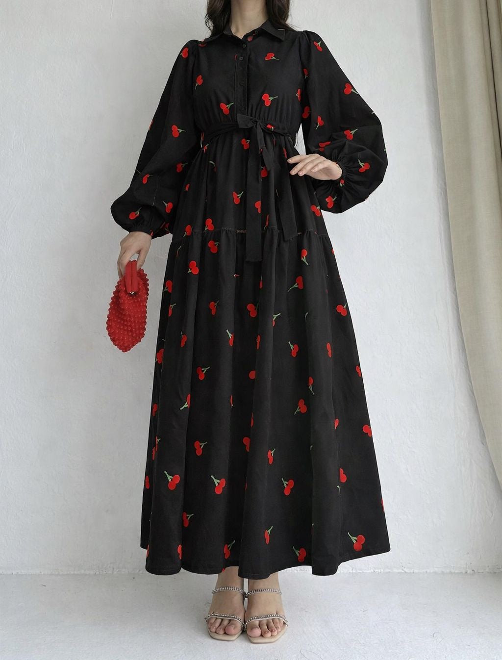 Cherry Blossom Maxi Dress – Long Sleeve Tiered Dress with Adjustable Waist Tie (Available in White & Black) crape silk fabric