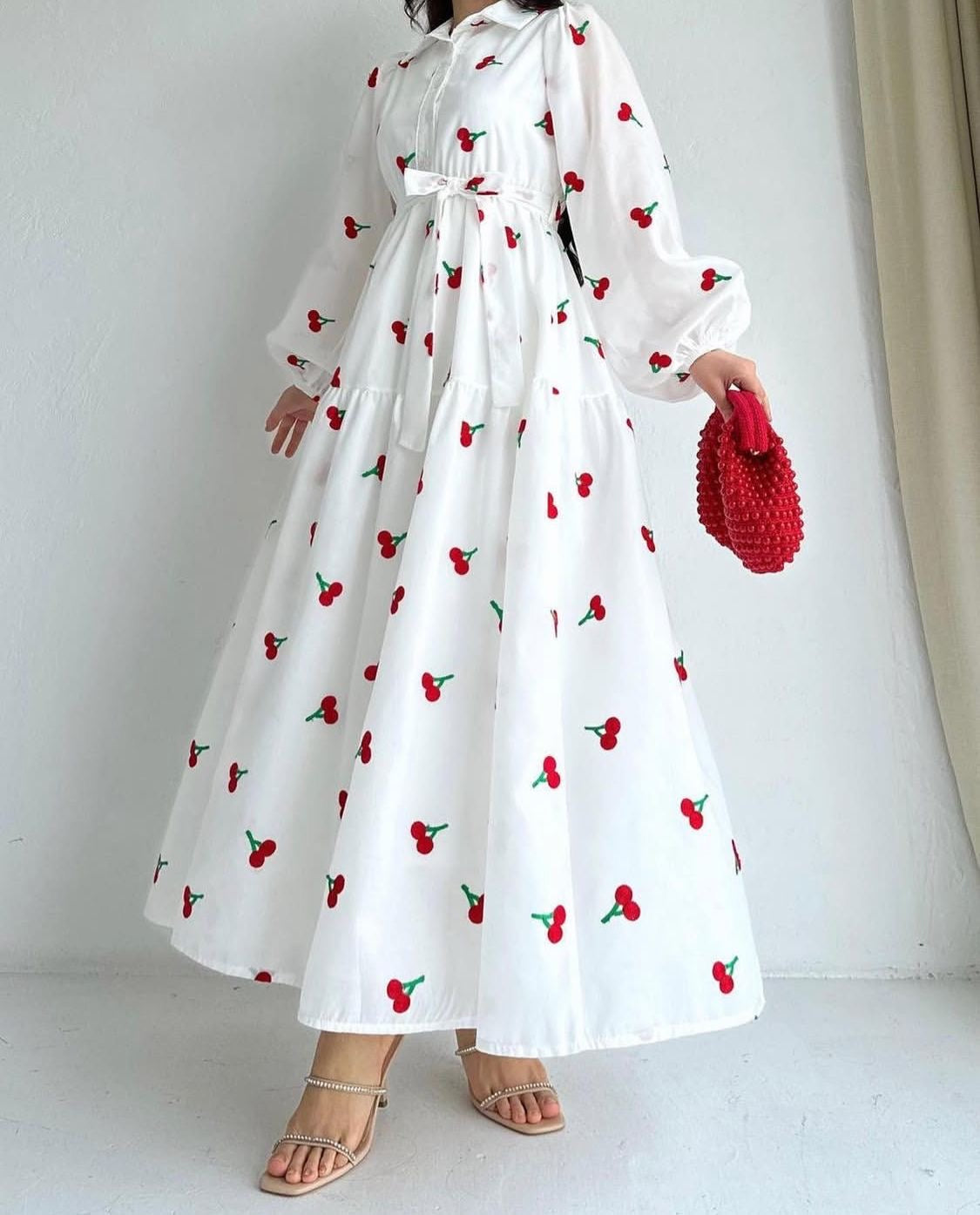 Cherry Blossom Maxi Dress – Long Sleeve Tiered Dress with Adjustable Waist Tie (Available in White & Black) crape silk fabric