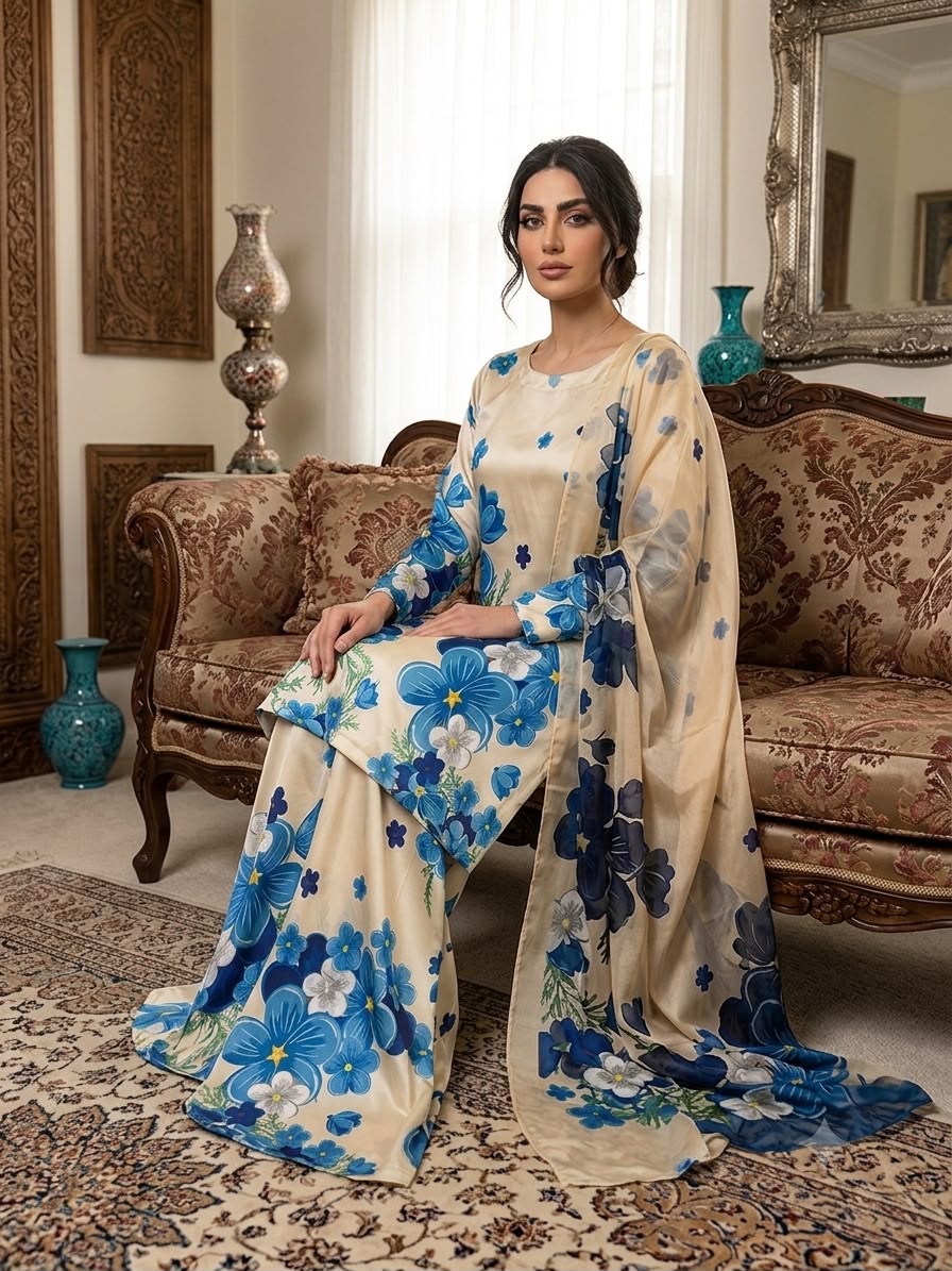 Raza Fabrics Premium Chamois Silk Unstitched Suit - Floral Print