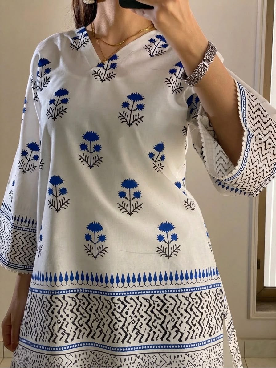 Azure Bloom Printed 2-Piece doria Lawn cord–set White & Blue Kurta with Matching farshi Trousers