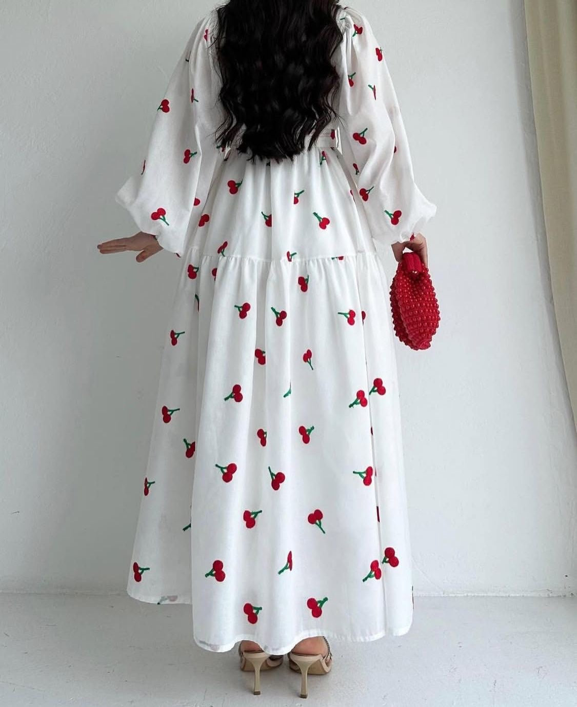 Cherry Blossom Maxi Dress – Long Sleeve Tiered Dress with Adjustable Waist Tie (Available in White & Black) crape silk fabric