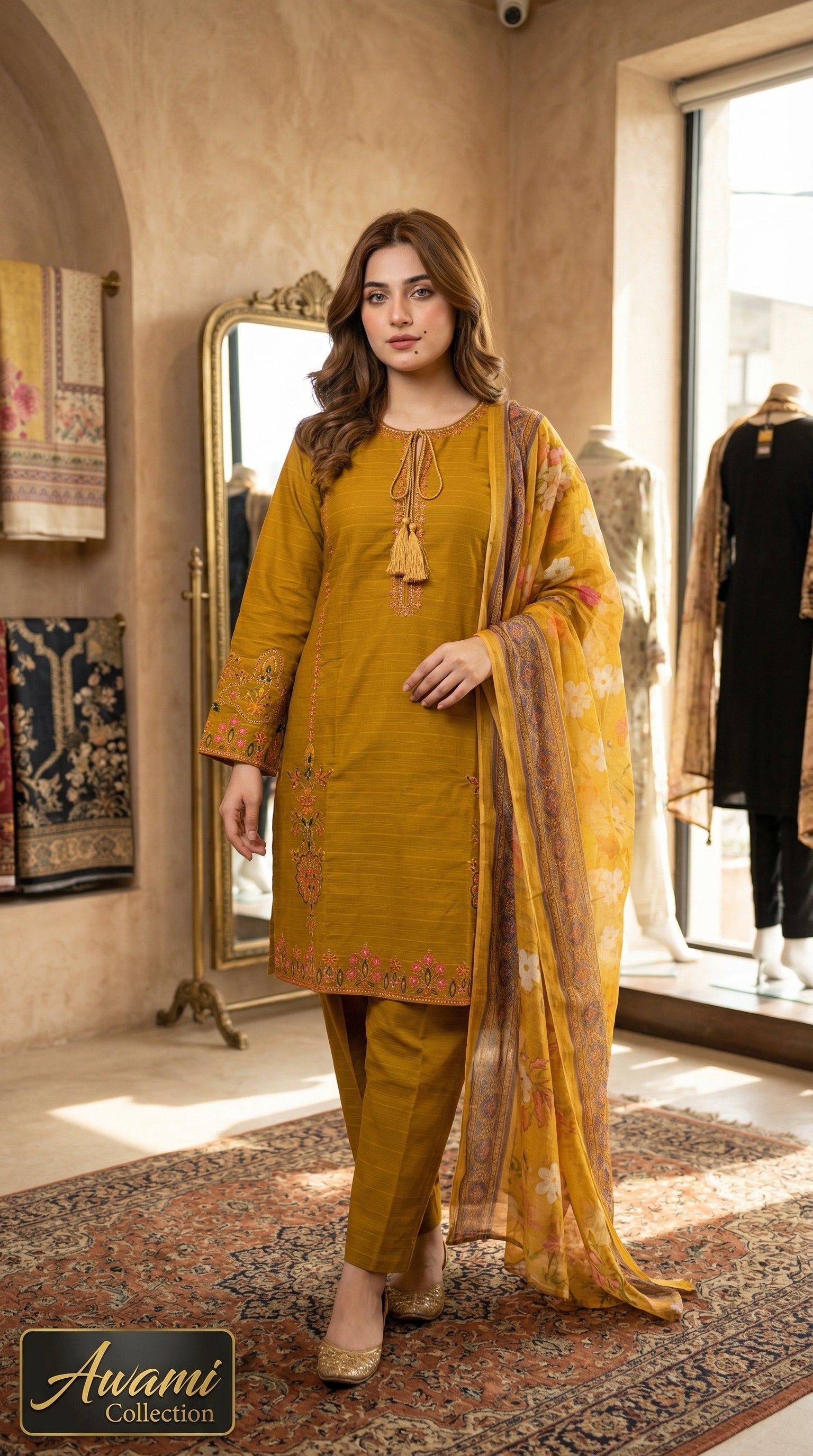 Mustard Yellow Embroidered Lawn Shalwar Kameez 3 Piece