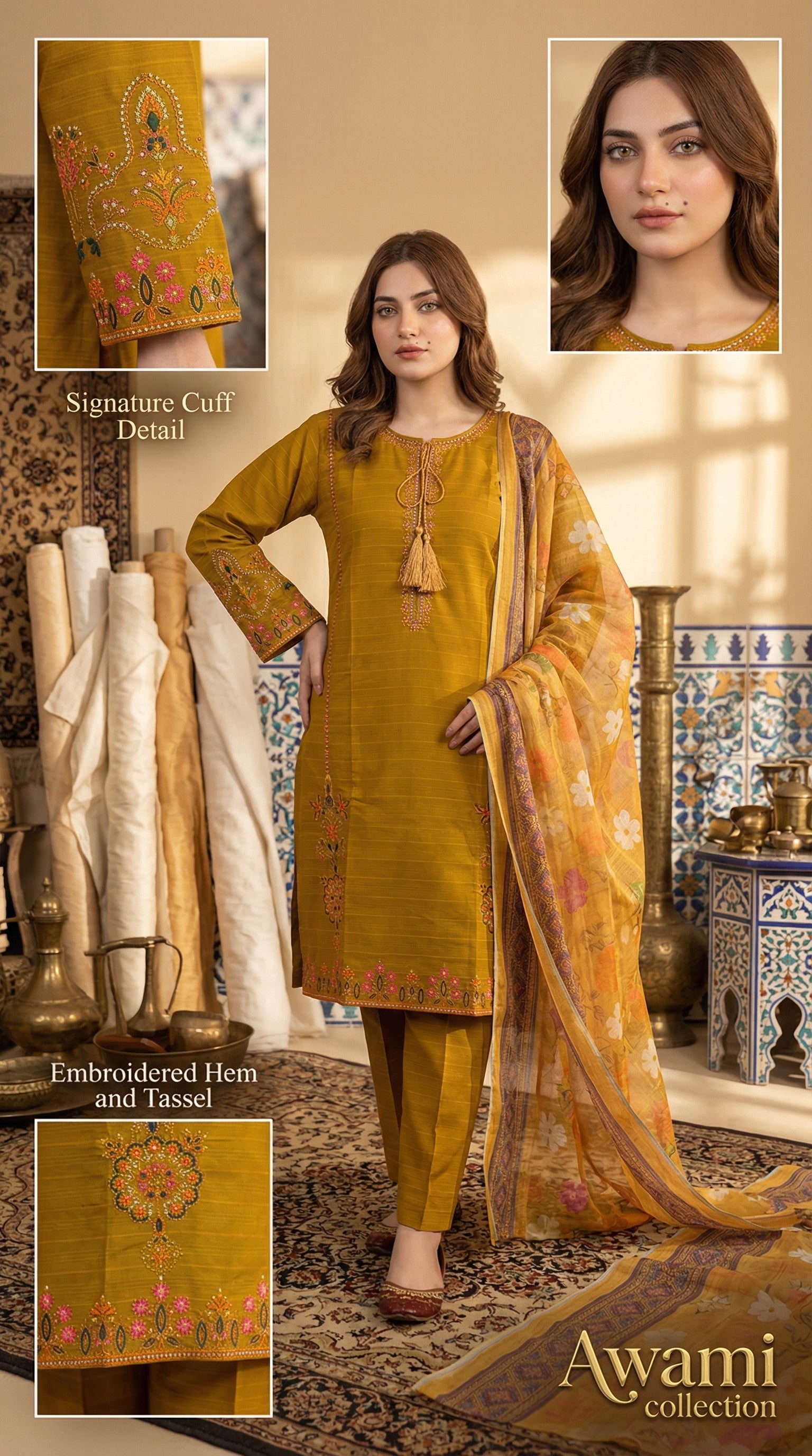 Mustard Yellow Embroidered Lawn Shalwar Kameez 3 Piece