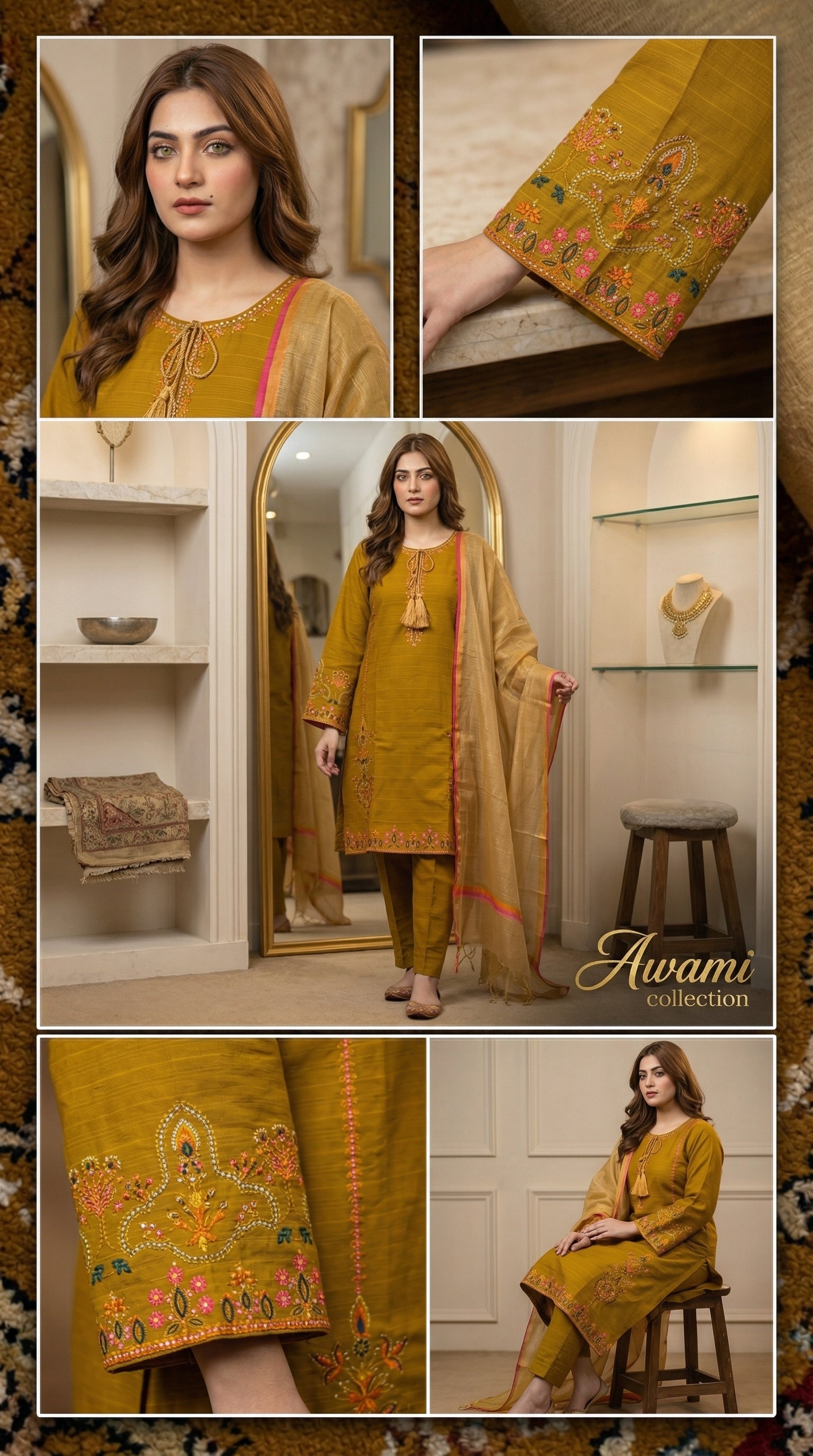 Mustard Yellow Embroidered Lawn Shalwar Kameez 3 Piece