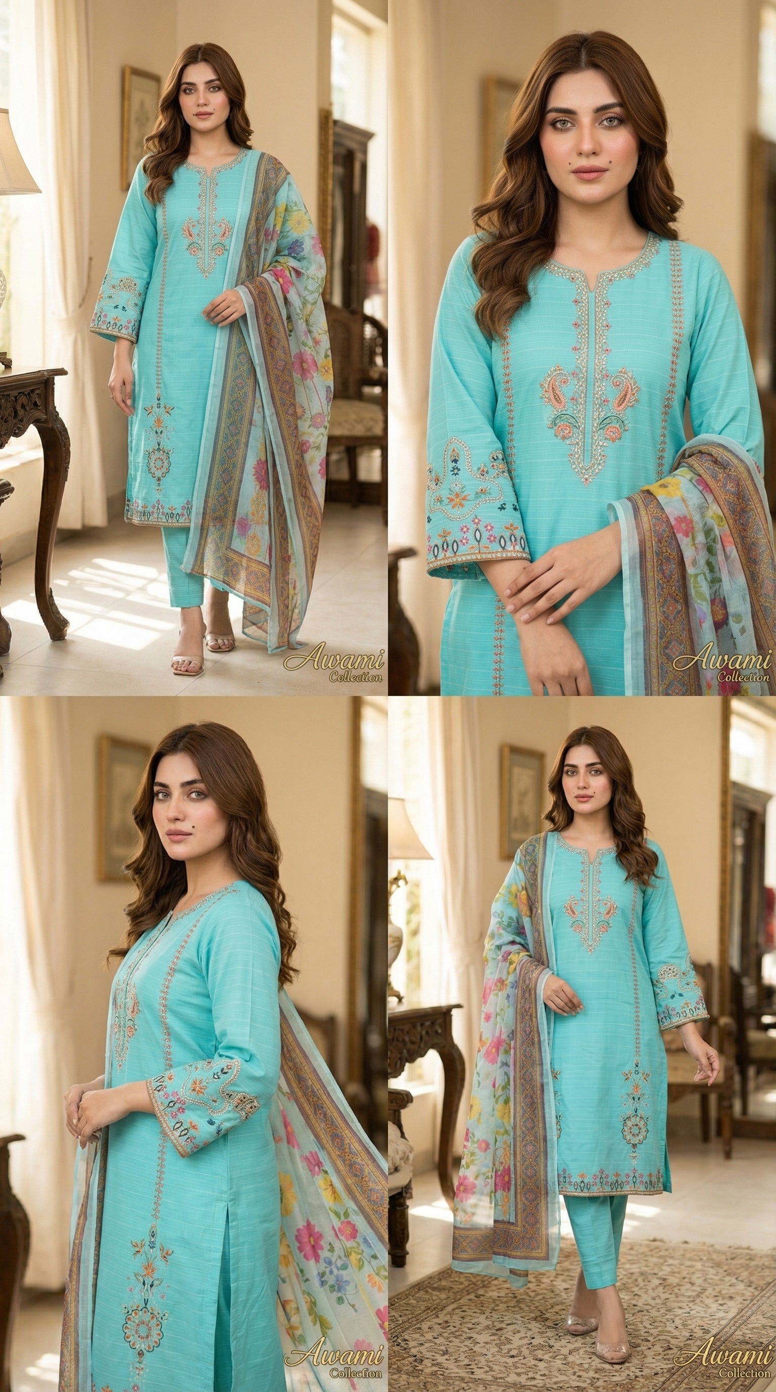 3 Piece Sea Green Embroidered Lawn