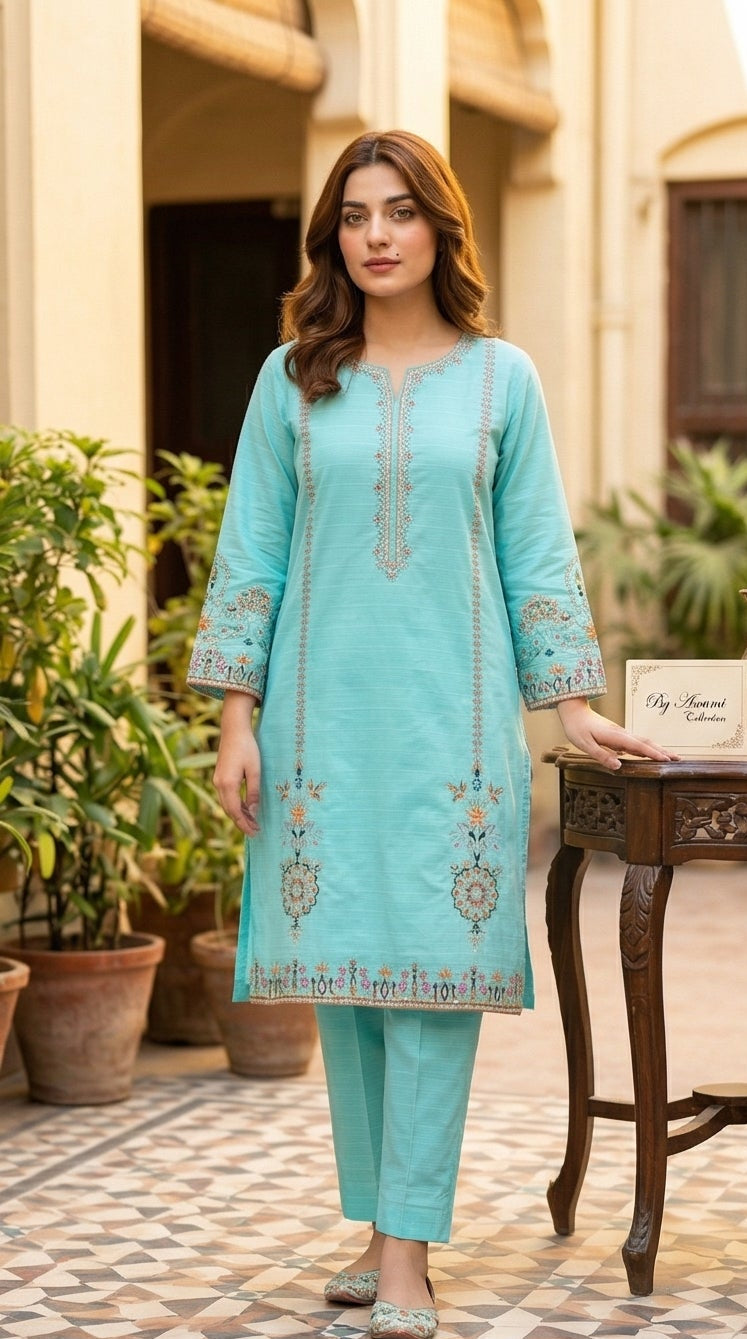 3 Piece Sea Green Embroidered Lawn
