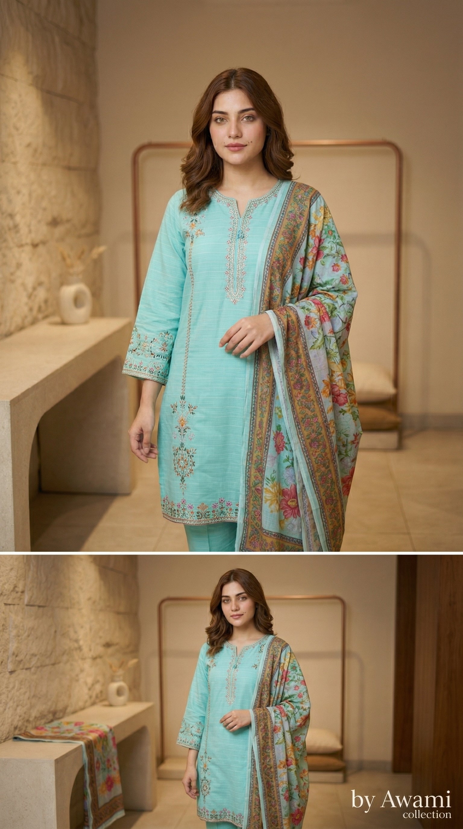 3 Piece Sea Green Embroidered Lawn