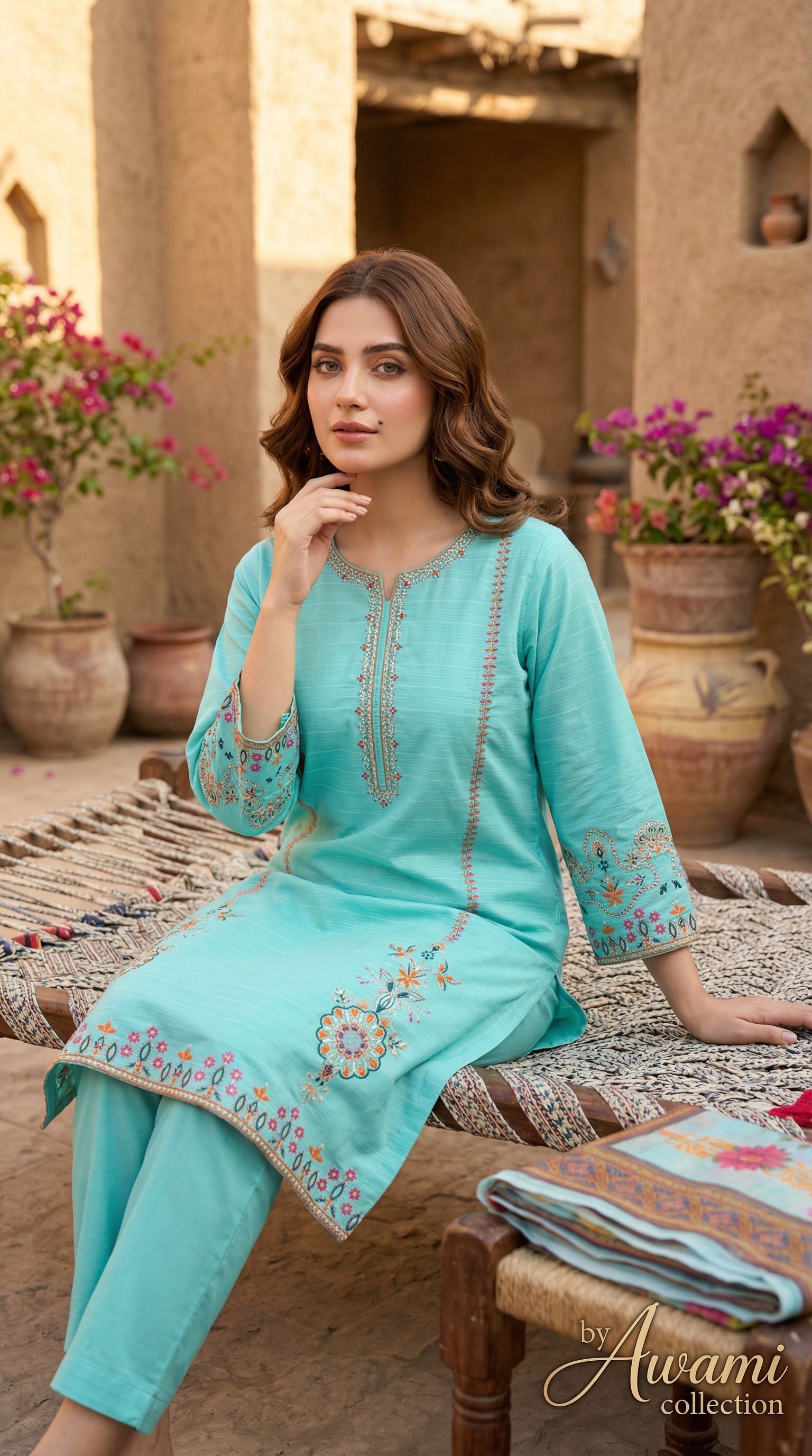3 Piece Sea Green Embroidered Lawn
