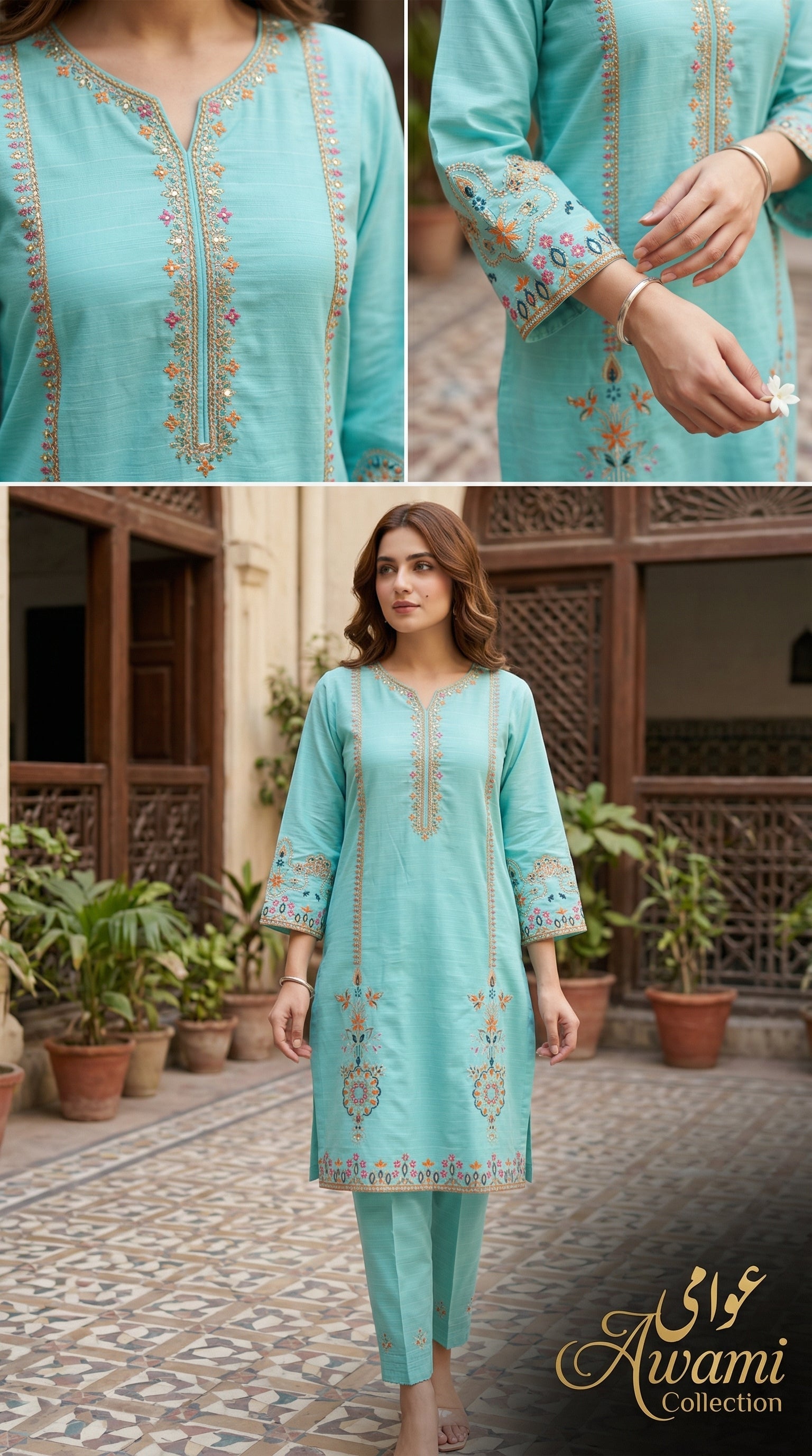 3 Piece Sea Green Embroidered Lawn