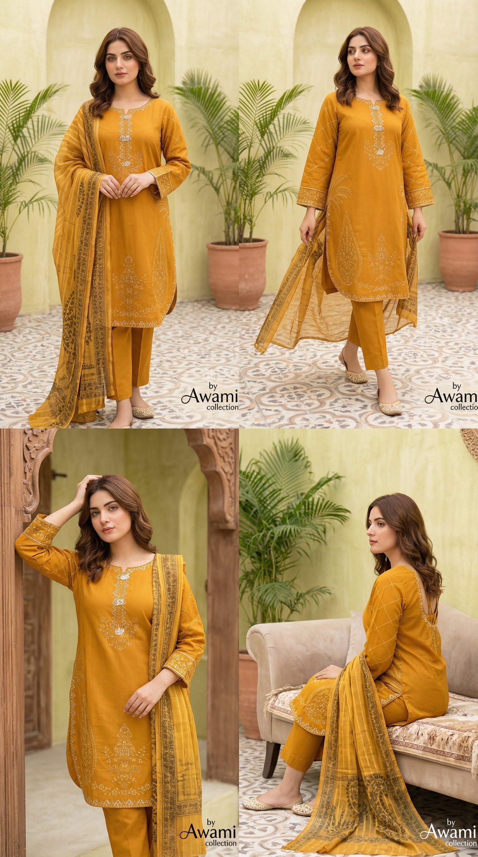 3 piece Mustard Yellow Embroidered Lawn