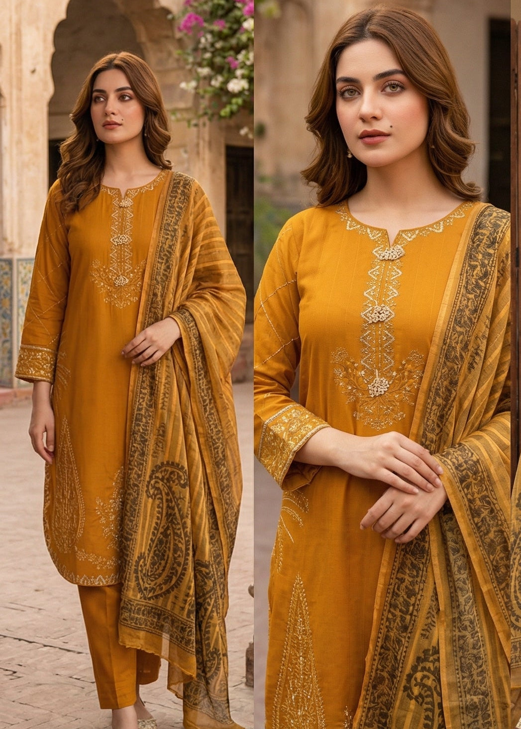 3 piece Mustard Yellow Embroidered Lawn