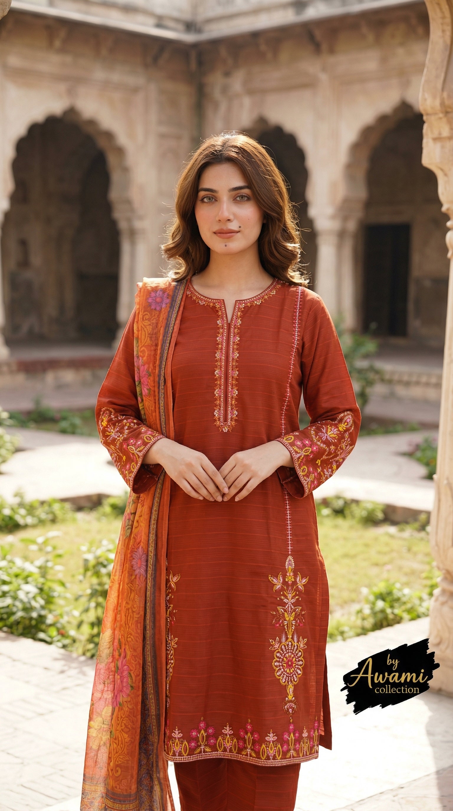 Rust Orange Embroidered Lawn