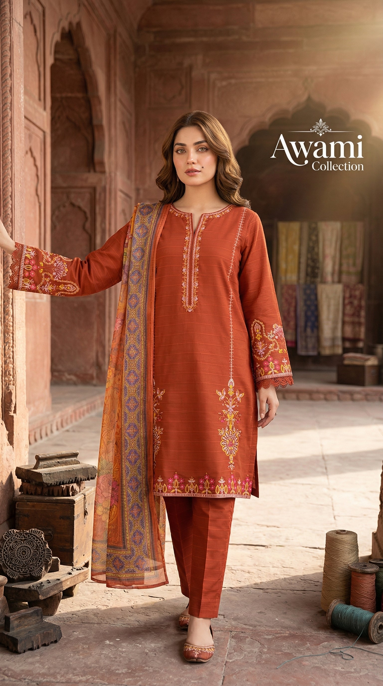 Rust Orange Embroidered Lawn