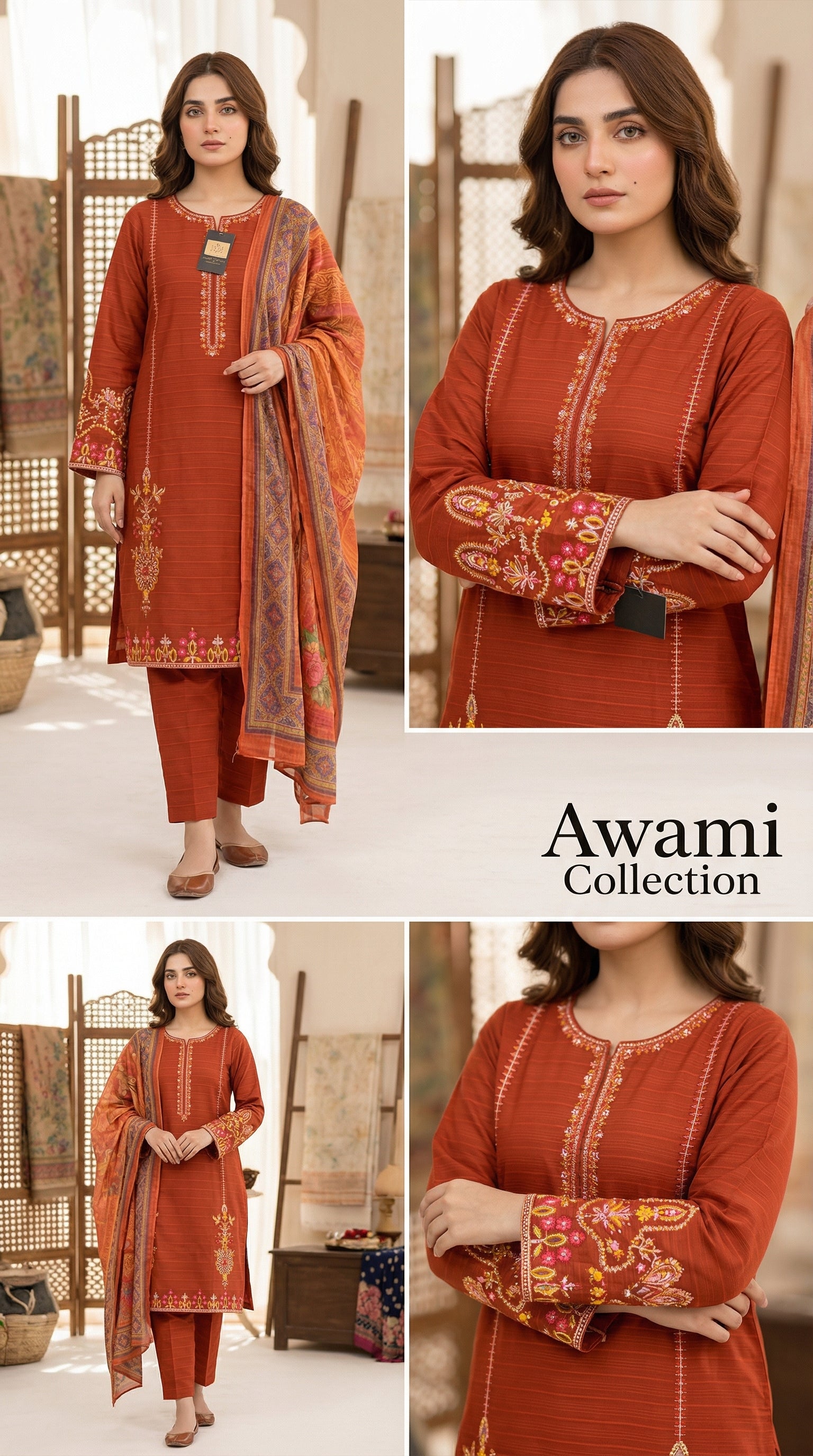 Rust Orange Embroidered Lawn