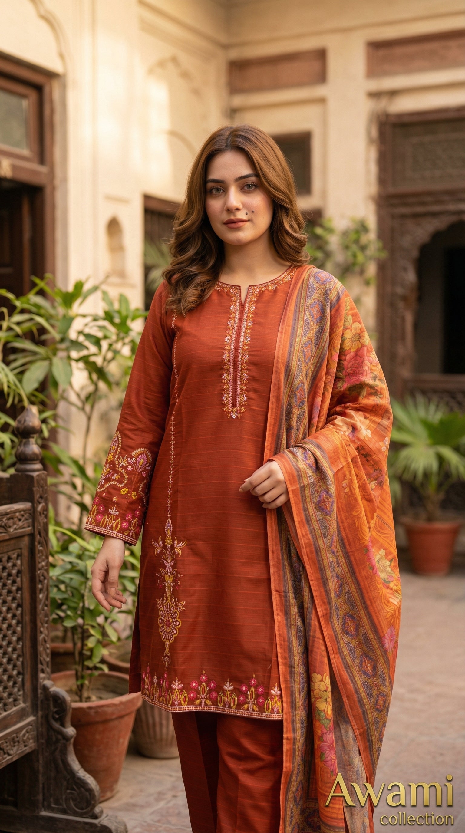 Rust Orange Embroidered Lawn