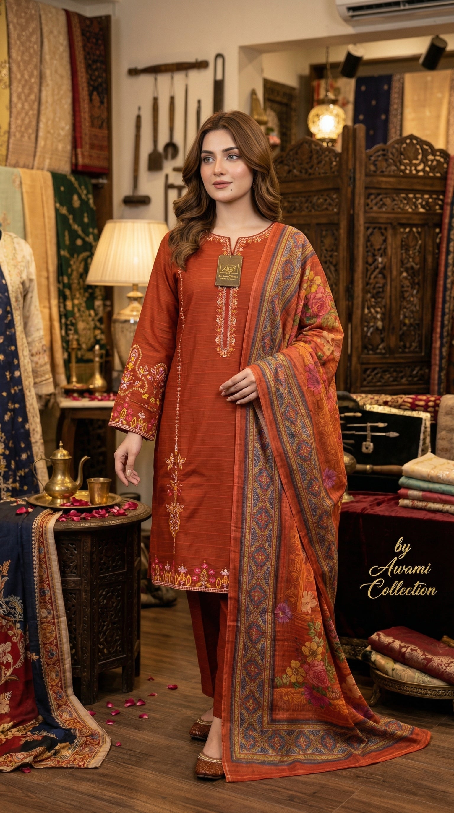 Rust Orange Embroidered Lawn
