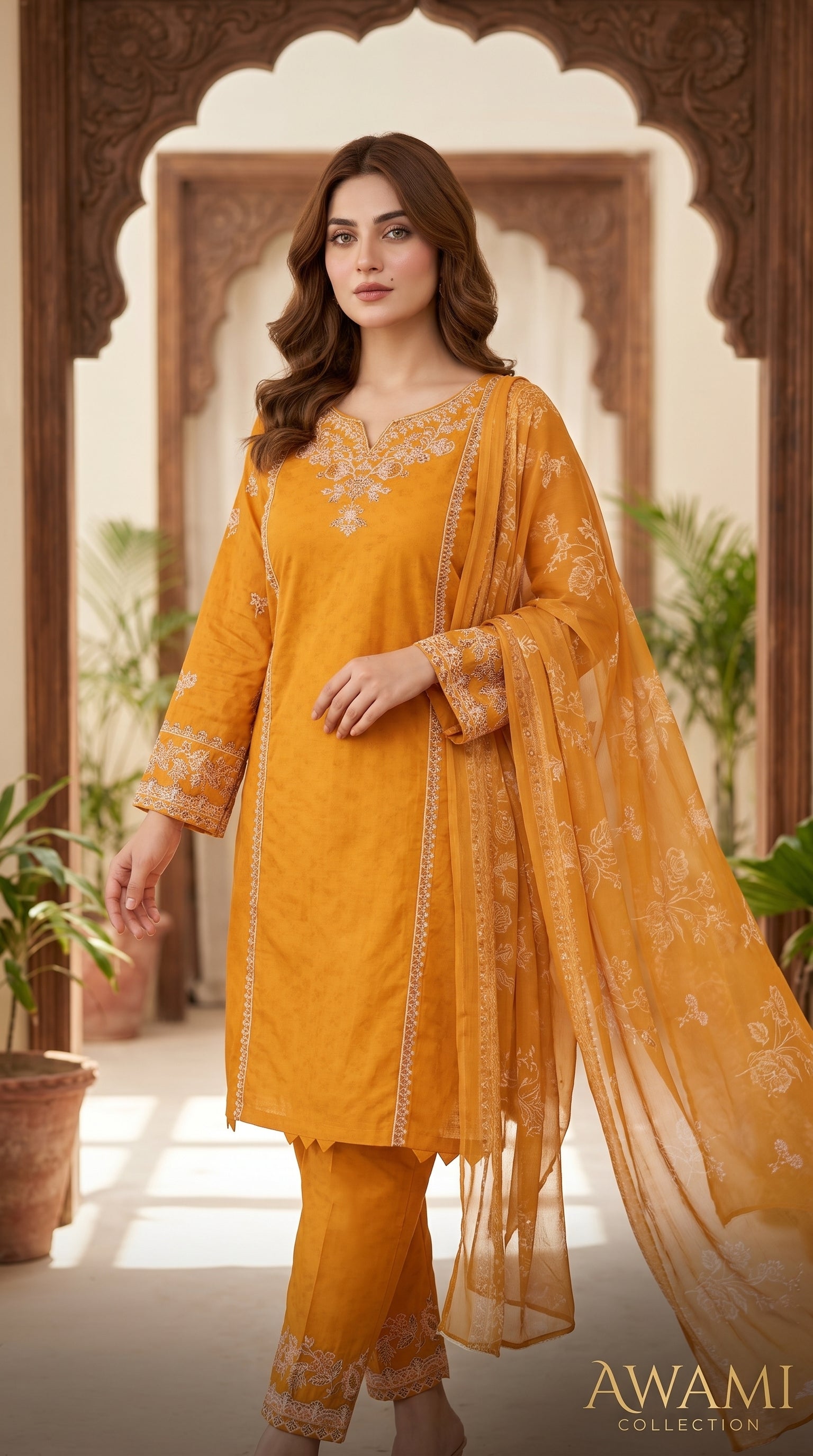 Mustard Yellow Embroidered Lawn