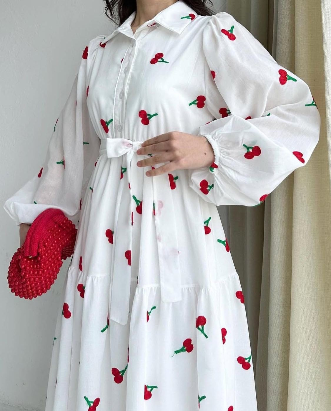 Cherry Blossom Maxi Dress – Long Sleeve Tiered Dress with Adjustable Waist Tie (Available in White & Black) crape silk fabric