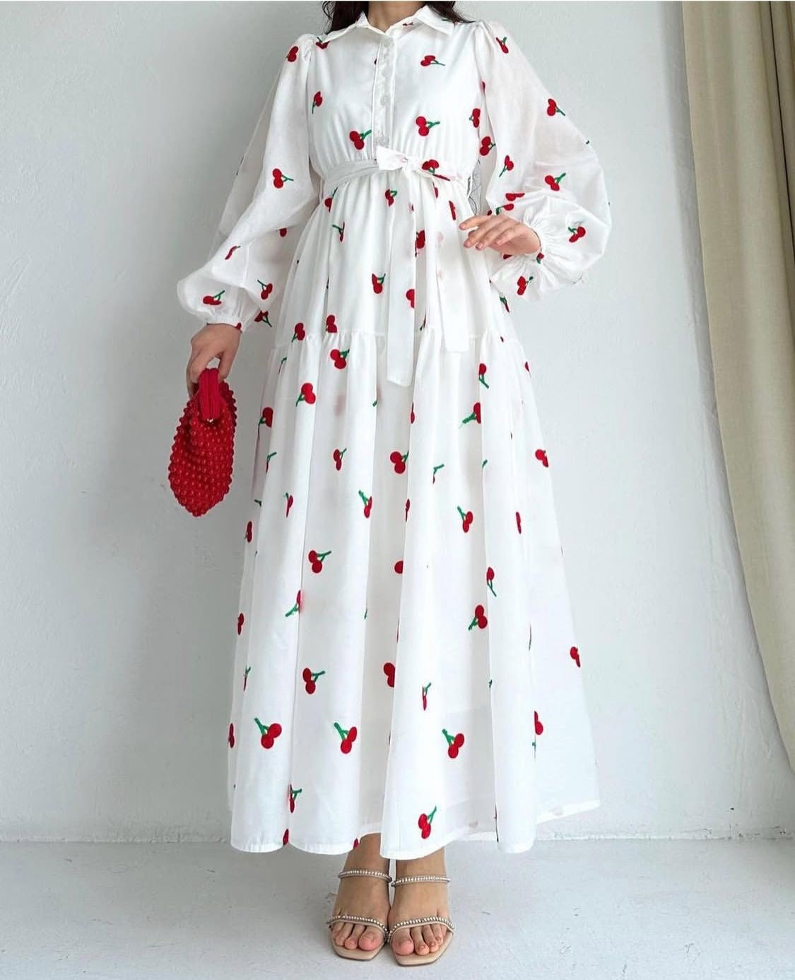 Cherry Blossom Maxi Dress – Long Sleeve Tiered Dress with Adjustable Waist Tie (Available in White & Black) crape silk fabric