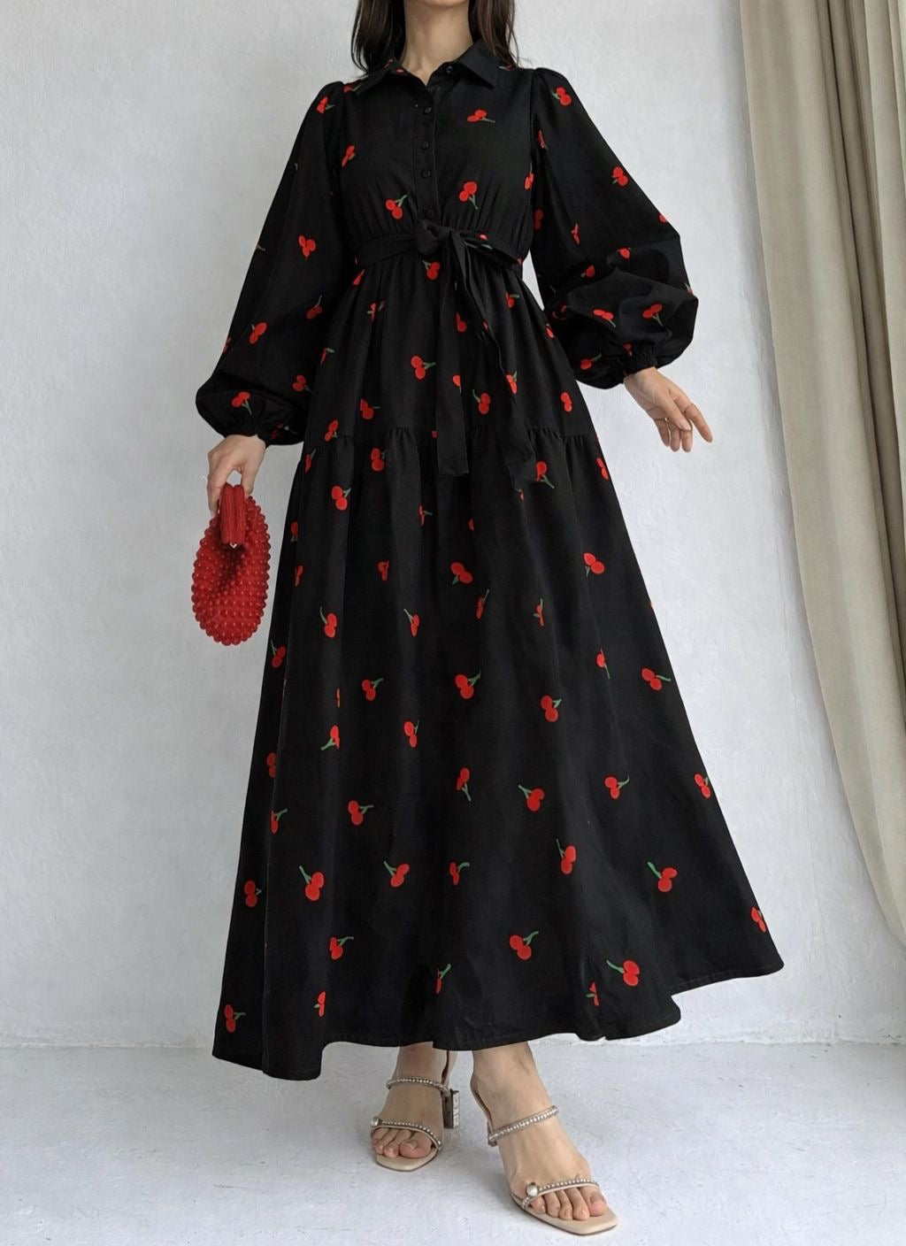 Cherry Blossom Maxi Dress – Long Sleeve Tiered Dress with Adjustable Waist Tie (Available in White & Black) crape silk fabric