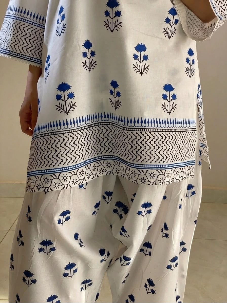 Azure Bloom Printed 2-Piece doria Lawn cord–set White & Blue Kurta with Matching farshi Trousers