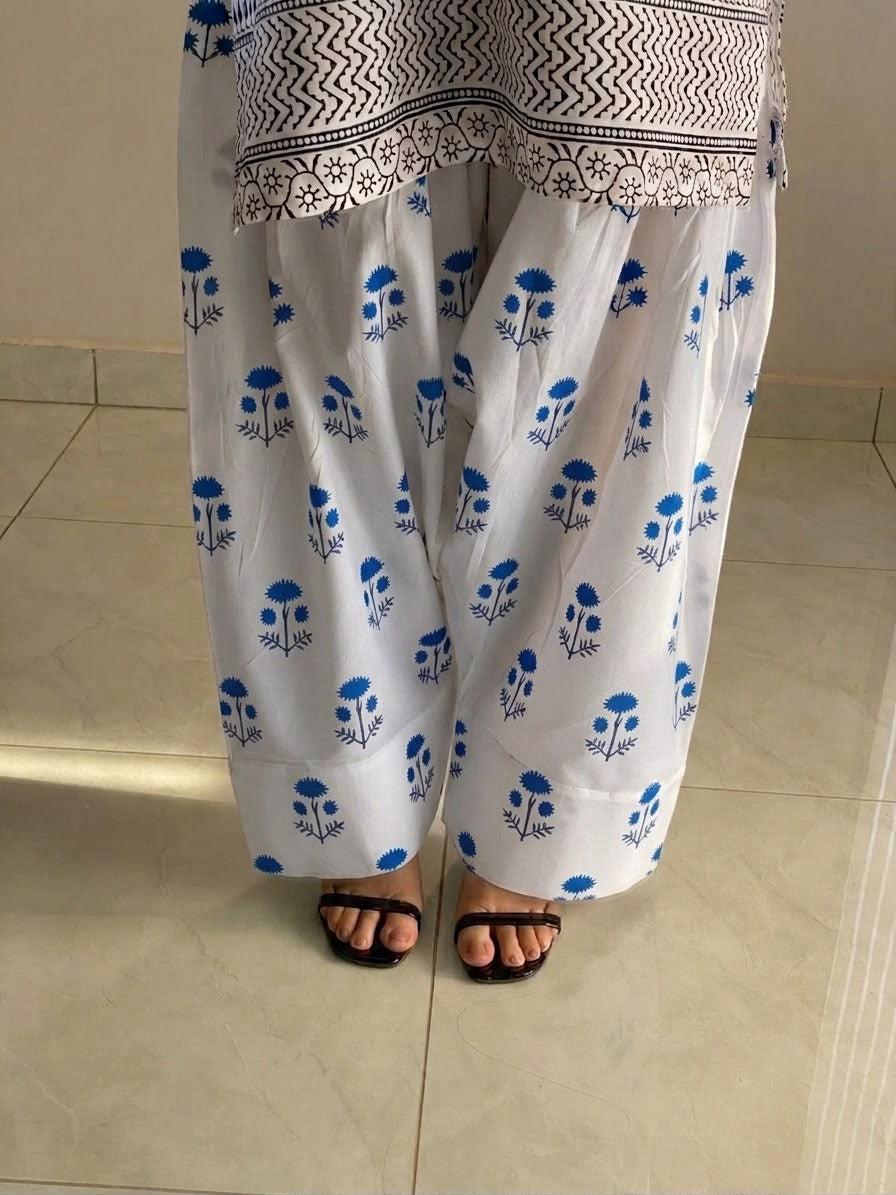Azure Bloom Printed 2-Piece doria Lawn cord–set White & Blue Kurta with Matching farshi Trousers