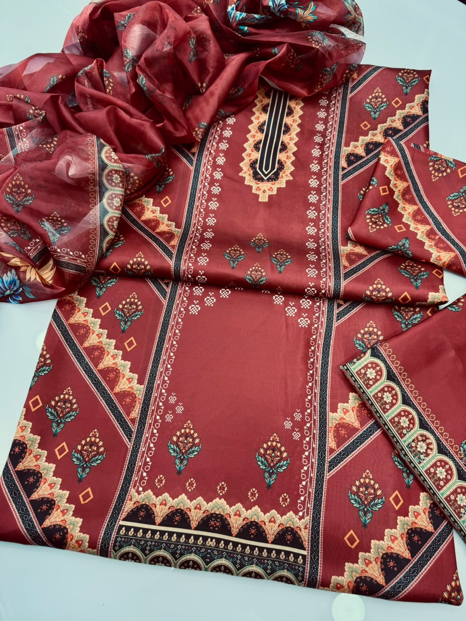 Raza Fabrics Premium Chamois Silk Unstitched Suit - Floral Print