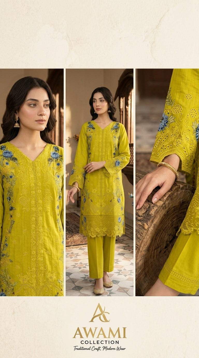 Lime Zest Embroidered Laser-Cut Ensemble - Peach