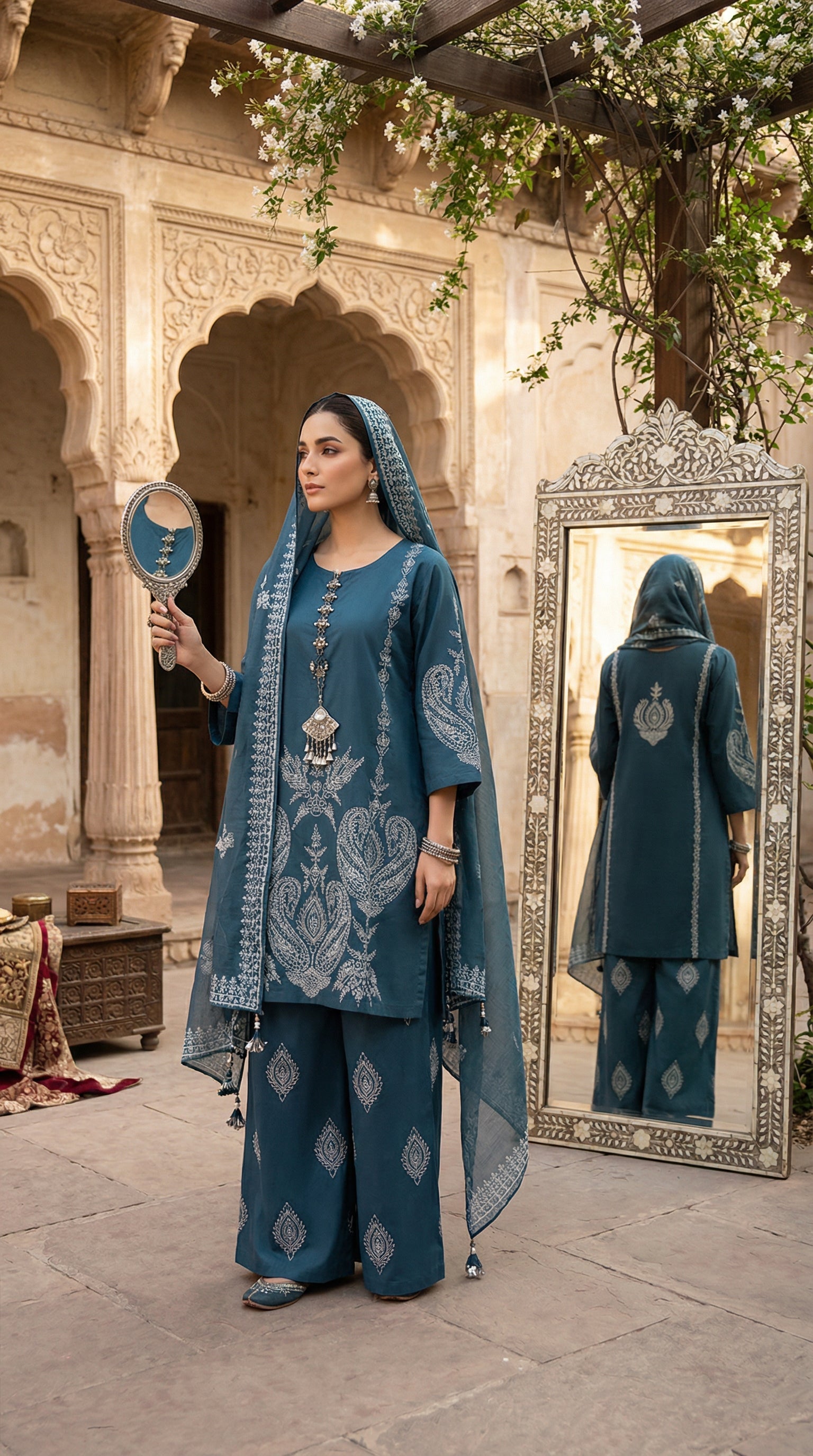 Petrol Blue Elegance – Embroidered 3-Piece Lawn Suit