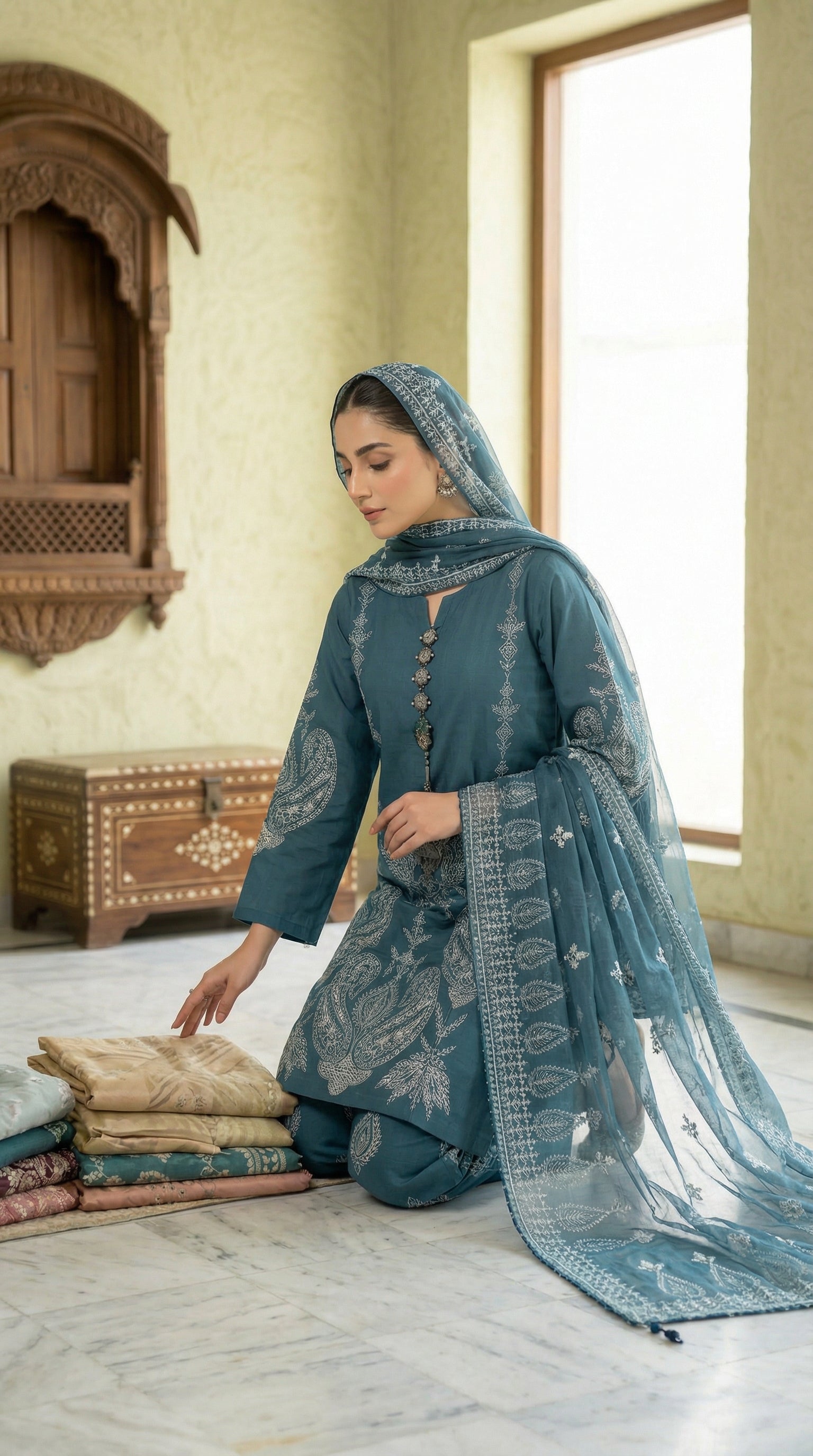 Petrol Blue Elegance – Embroidered 3-Piece Lawn Suit