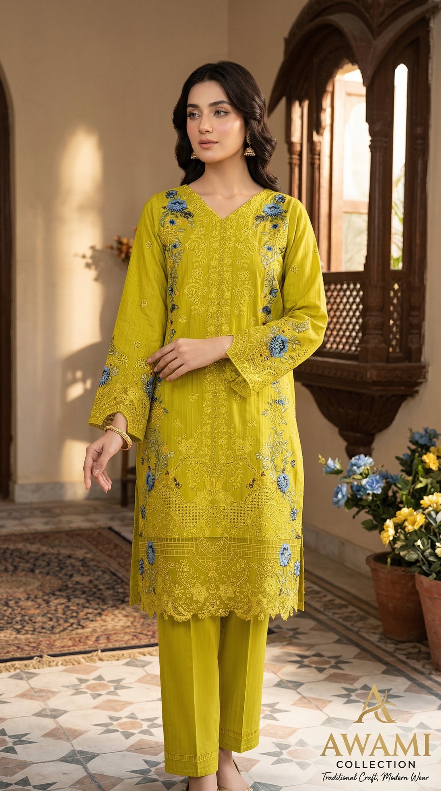 Lime Zest Embroidered Laser-Cut Ensemble