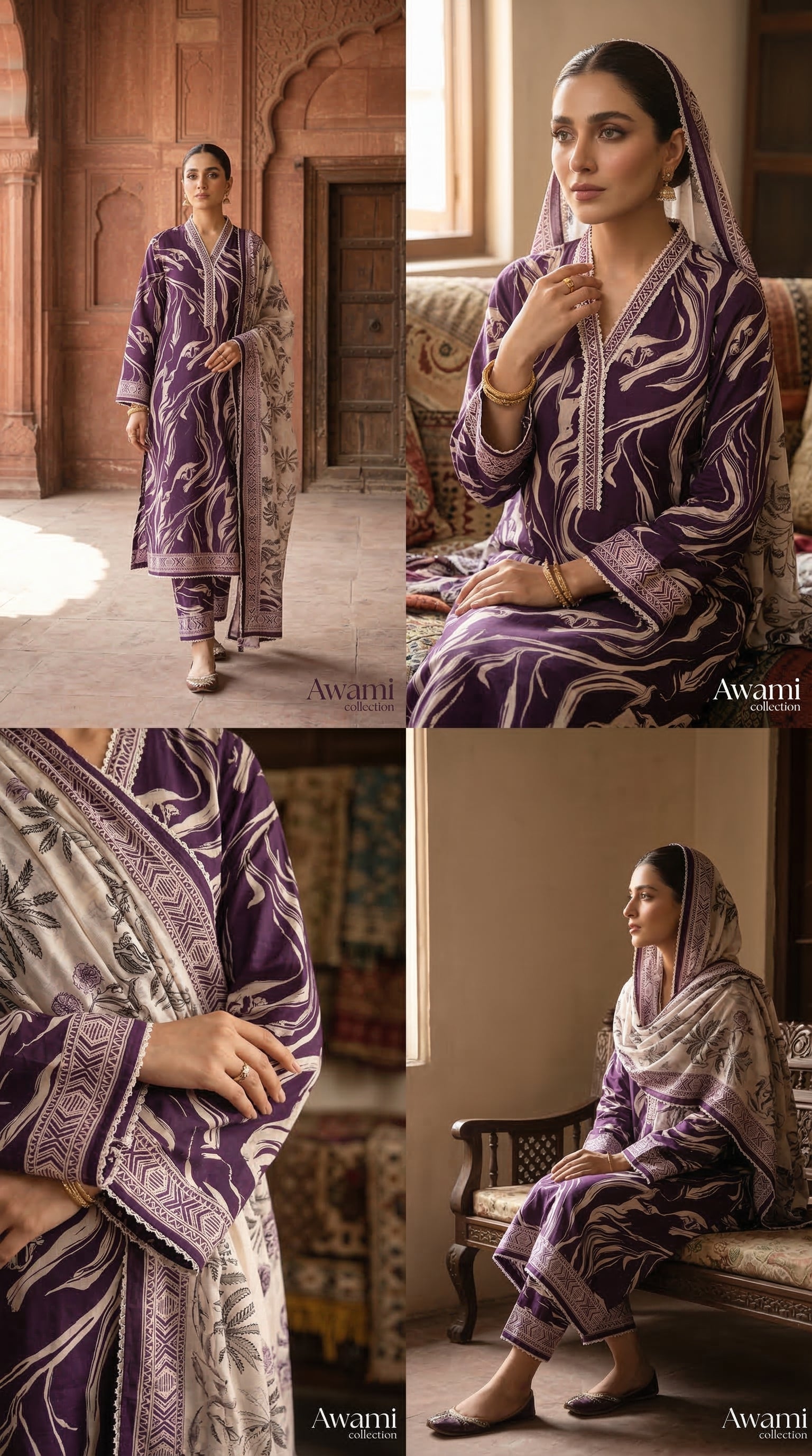 Purple & Beige Abstract Printed Lawn