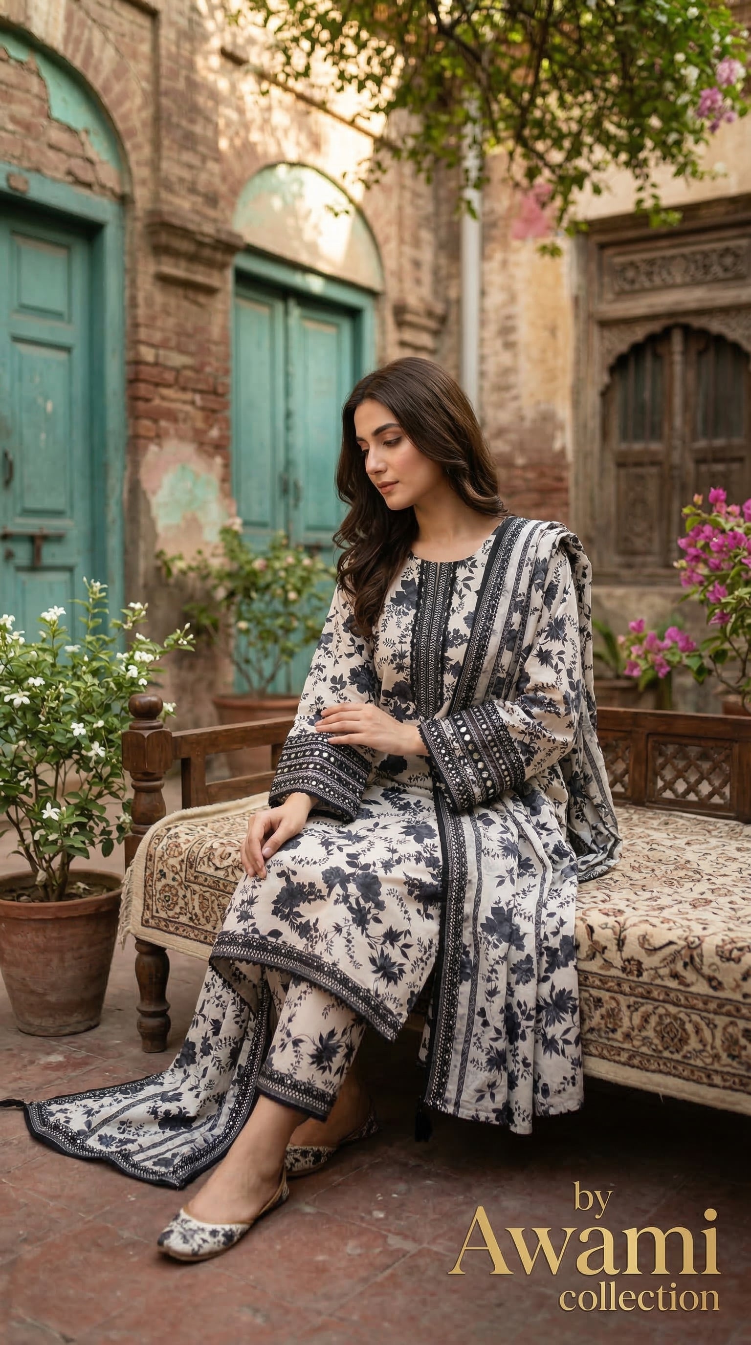 3 Piece Black & White Floral Printed Lawn