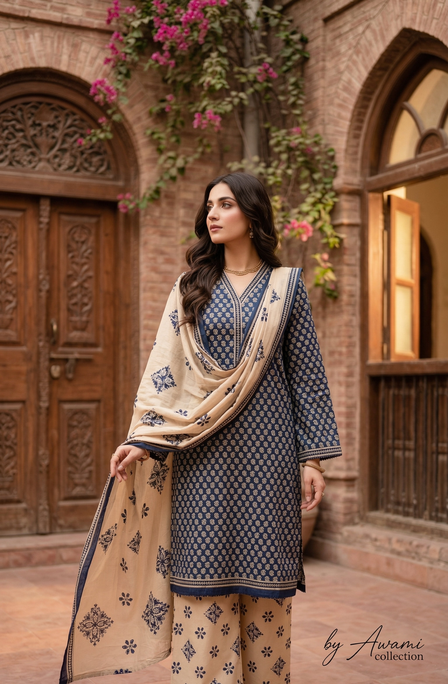 Blue & Beige Printed 3 piece