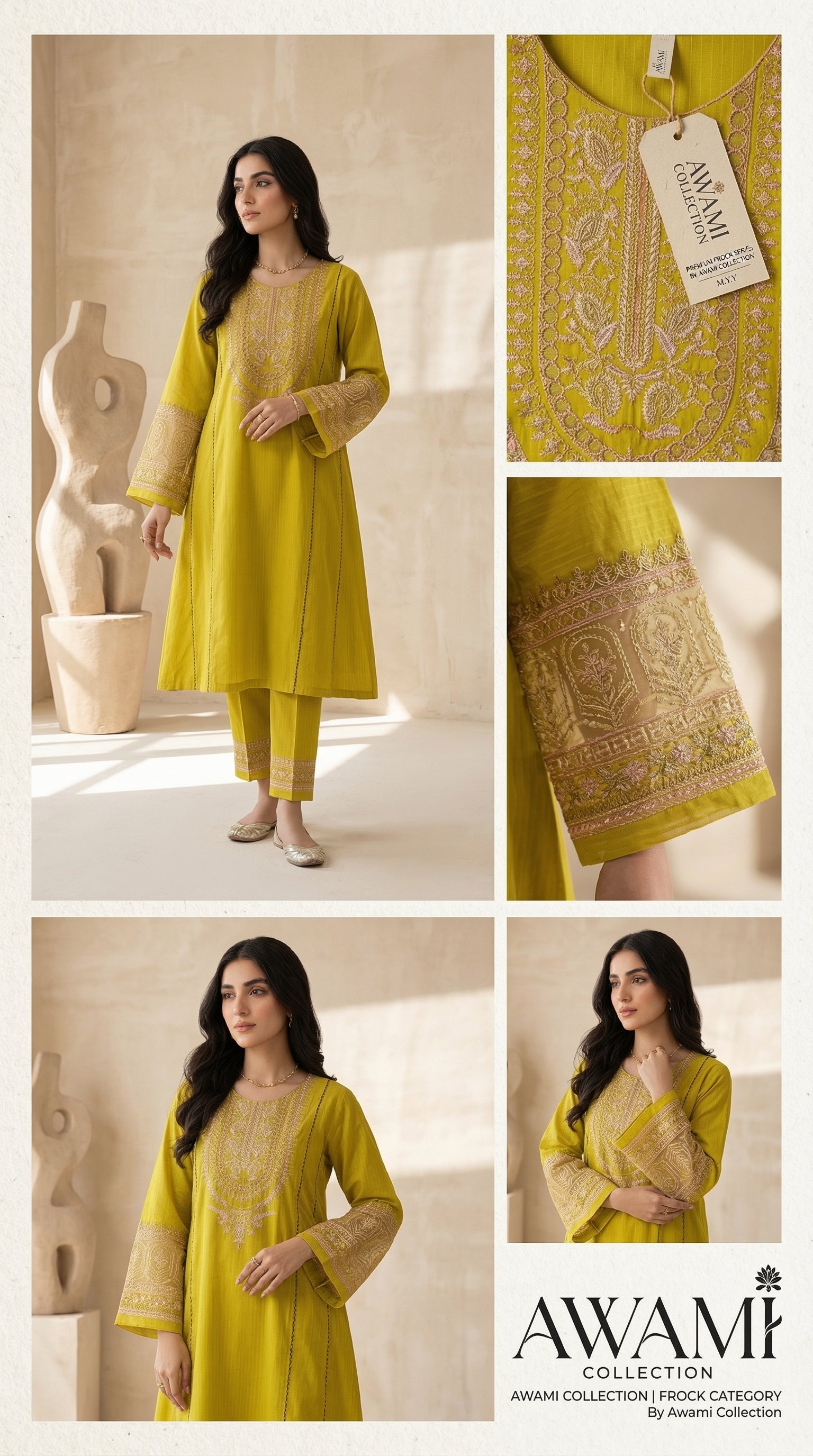 2 piece Mustard Yellow Embroidered Cotton Frock
