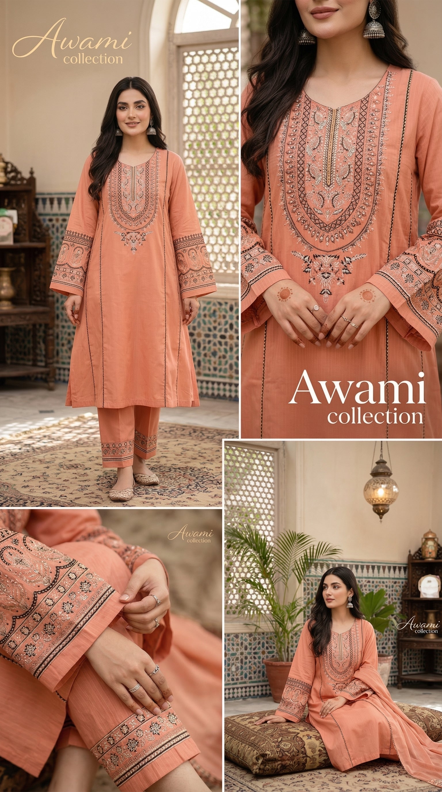 Peach Embroidered 2 Piece Cotton Frock
