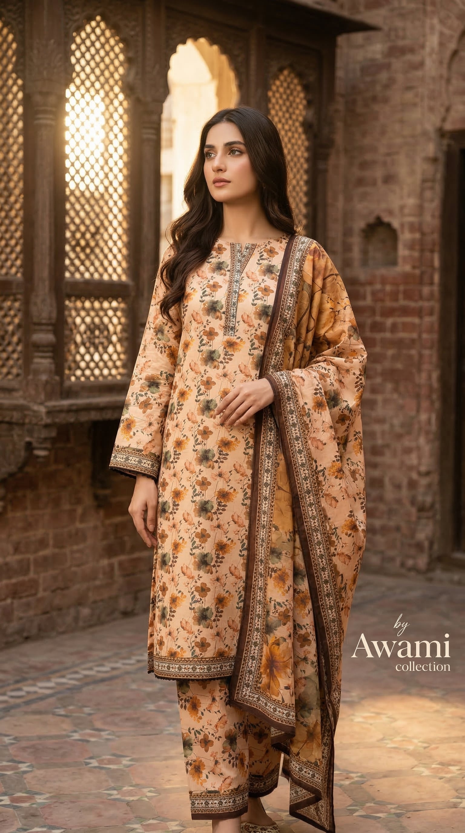 3 piece Peach Floral Printed Lawn