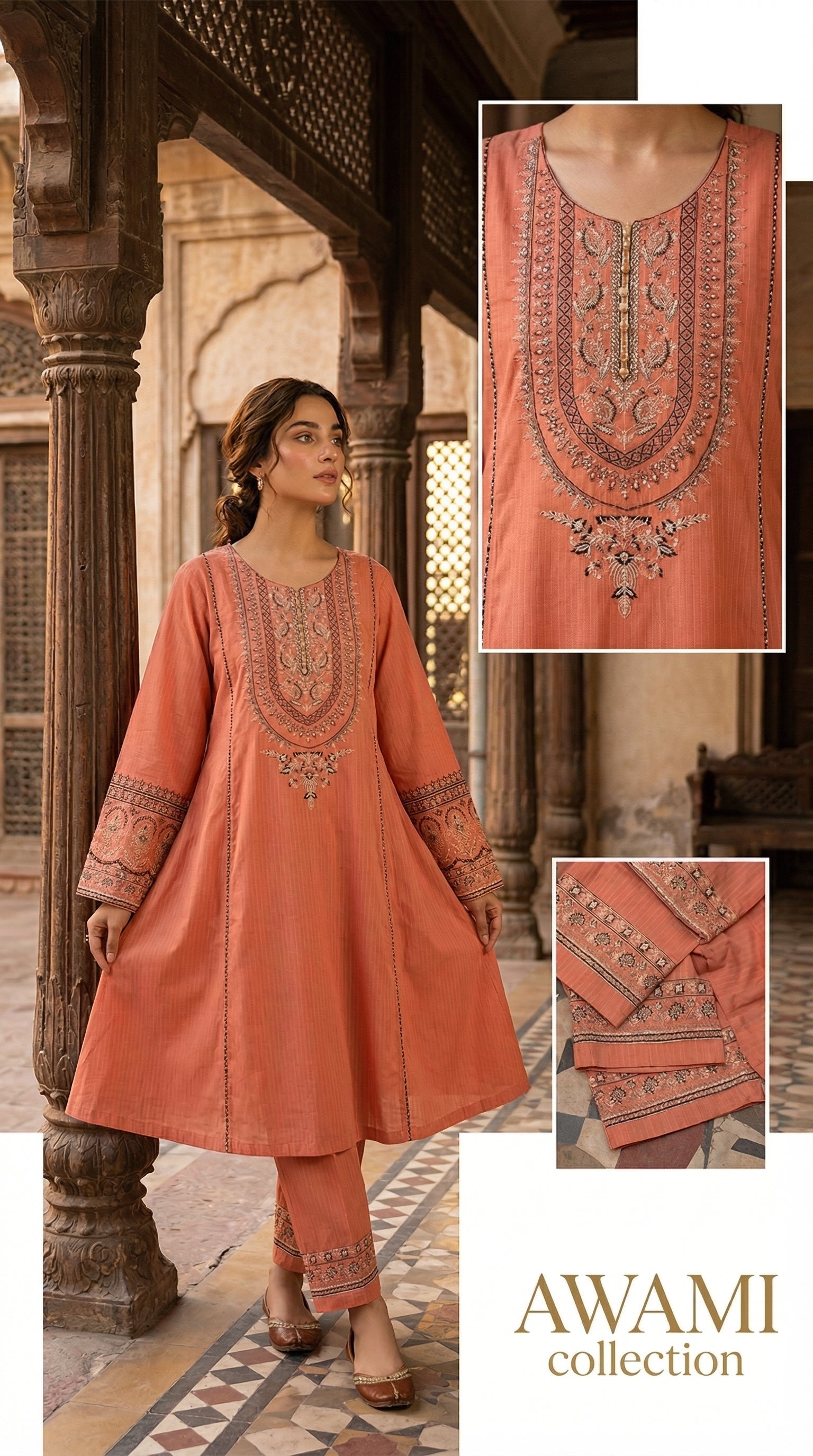 Peach Embroidered 2 Piece Cotton Frock