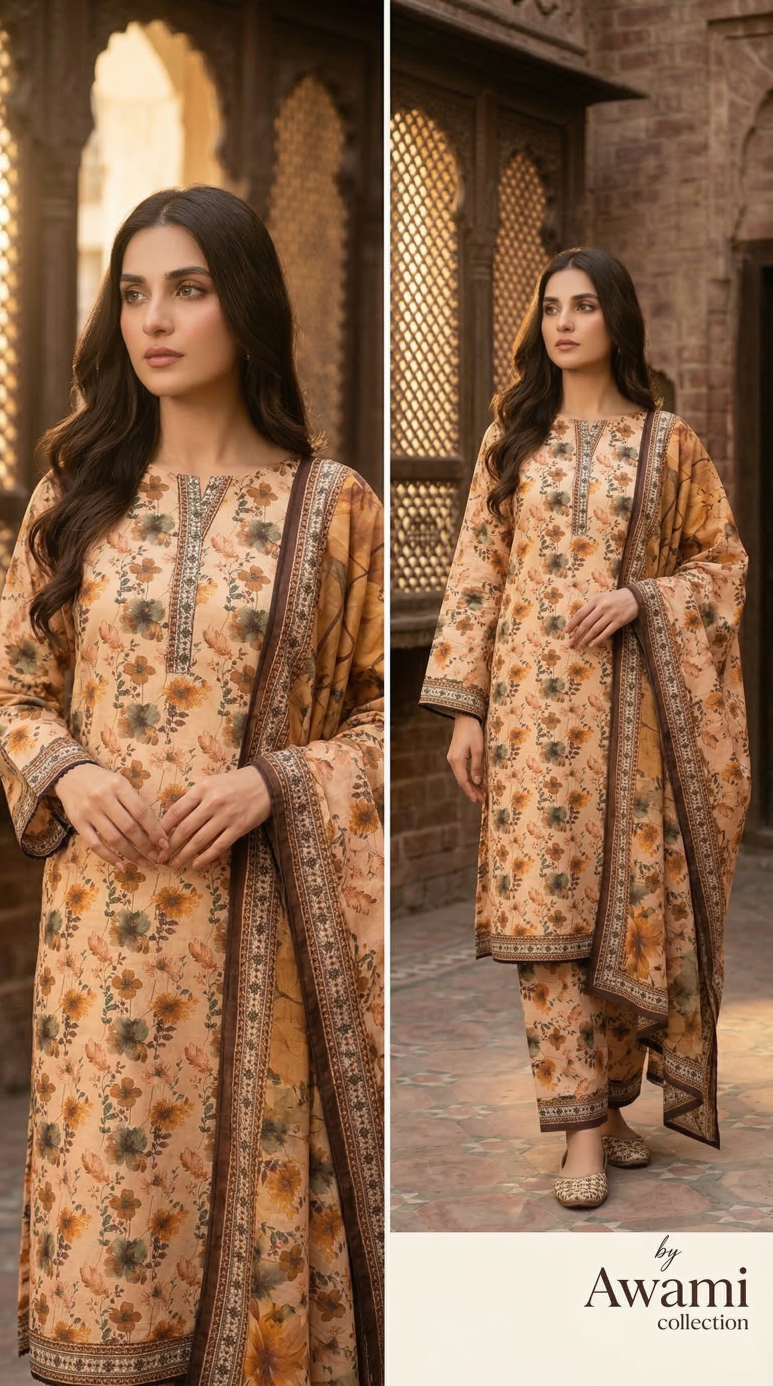 3 piece Peach Floral Printed Lawn