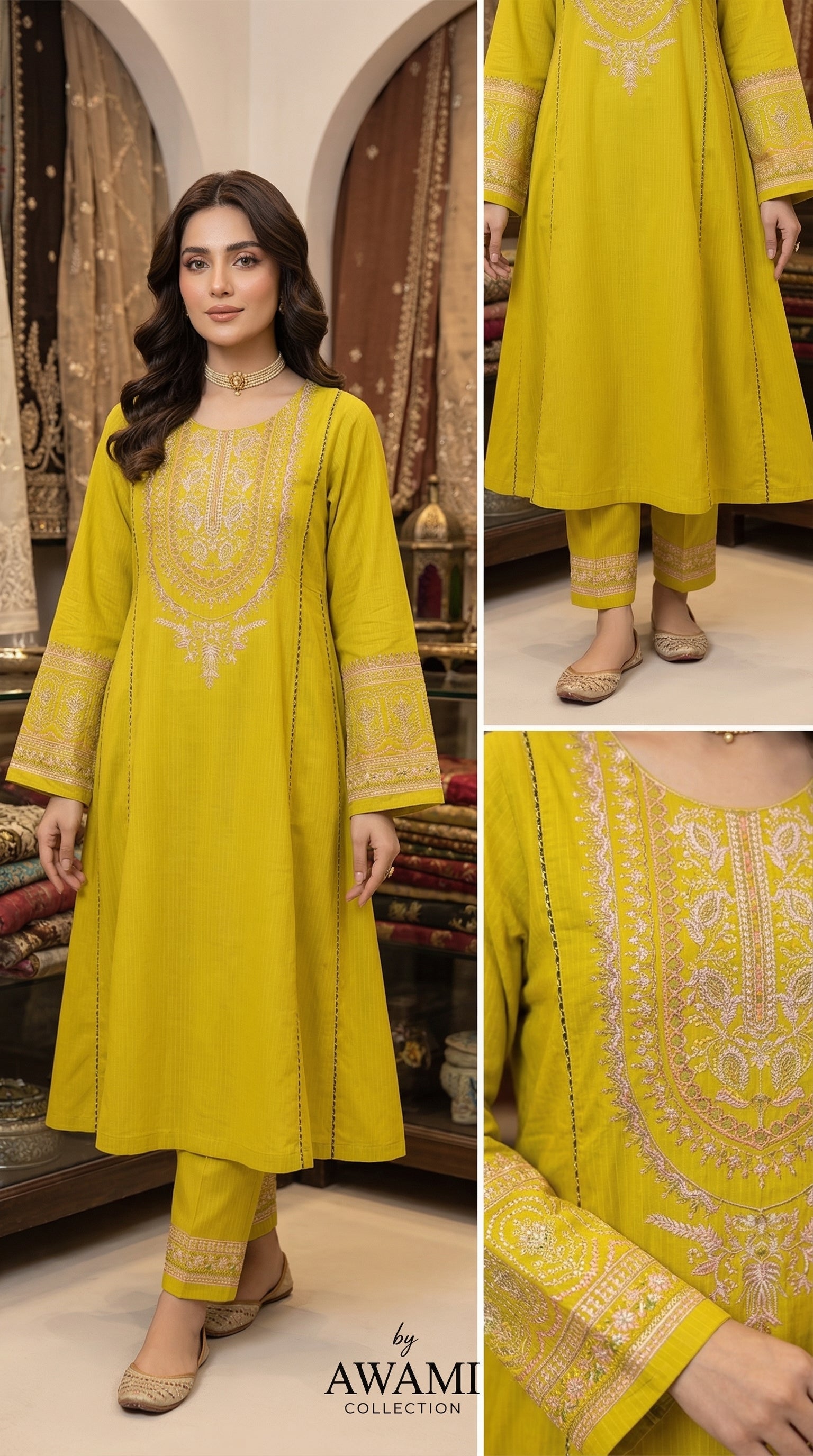 2 piece Mustard Yellow Embroidered Cotton Frock