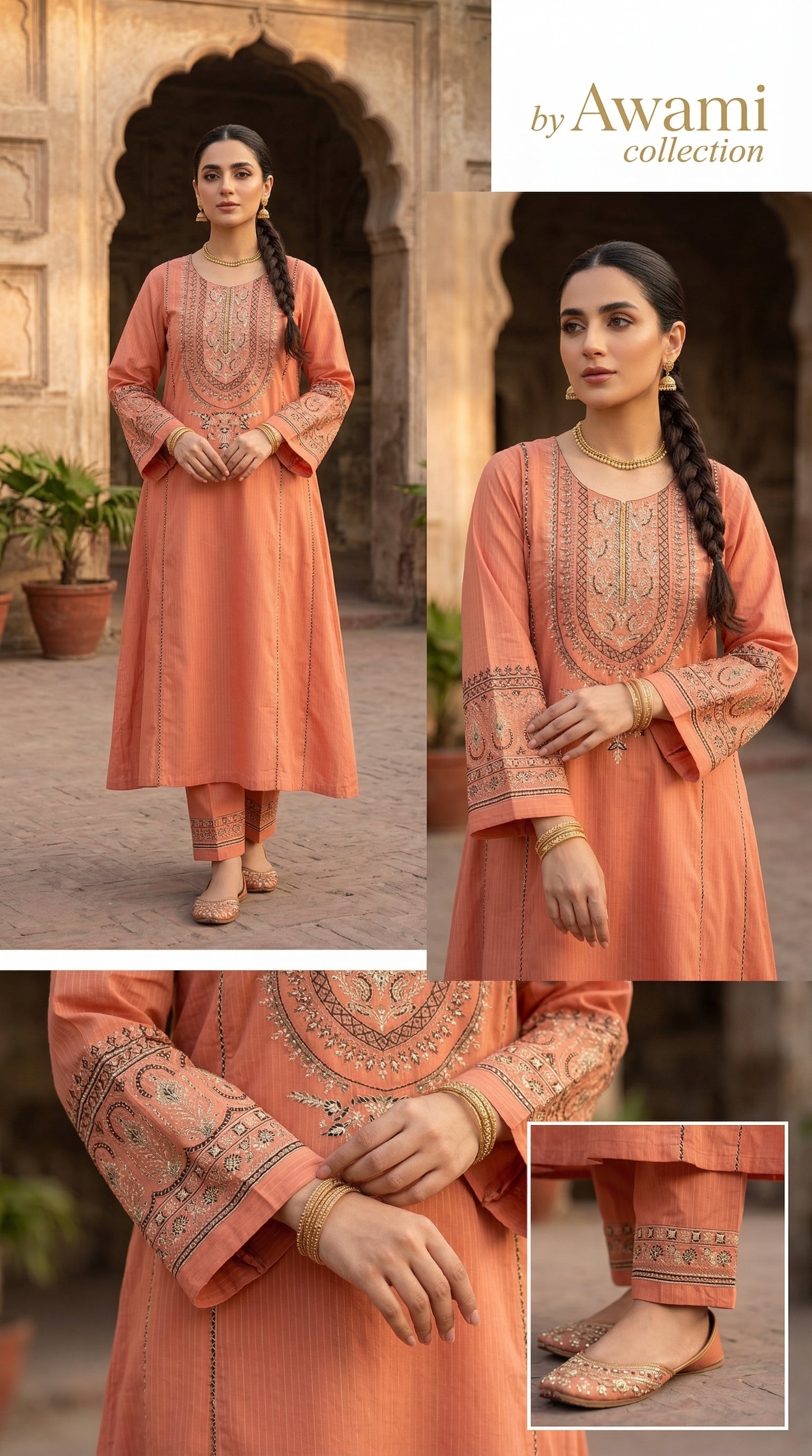 Peach Embroidered 2 Piece Cotton Frock